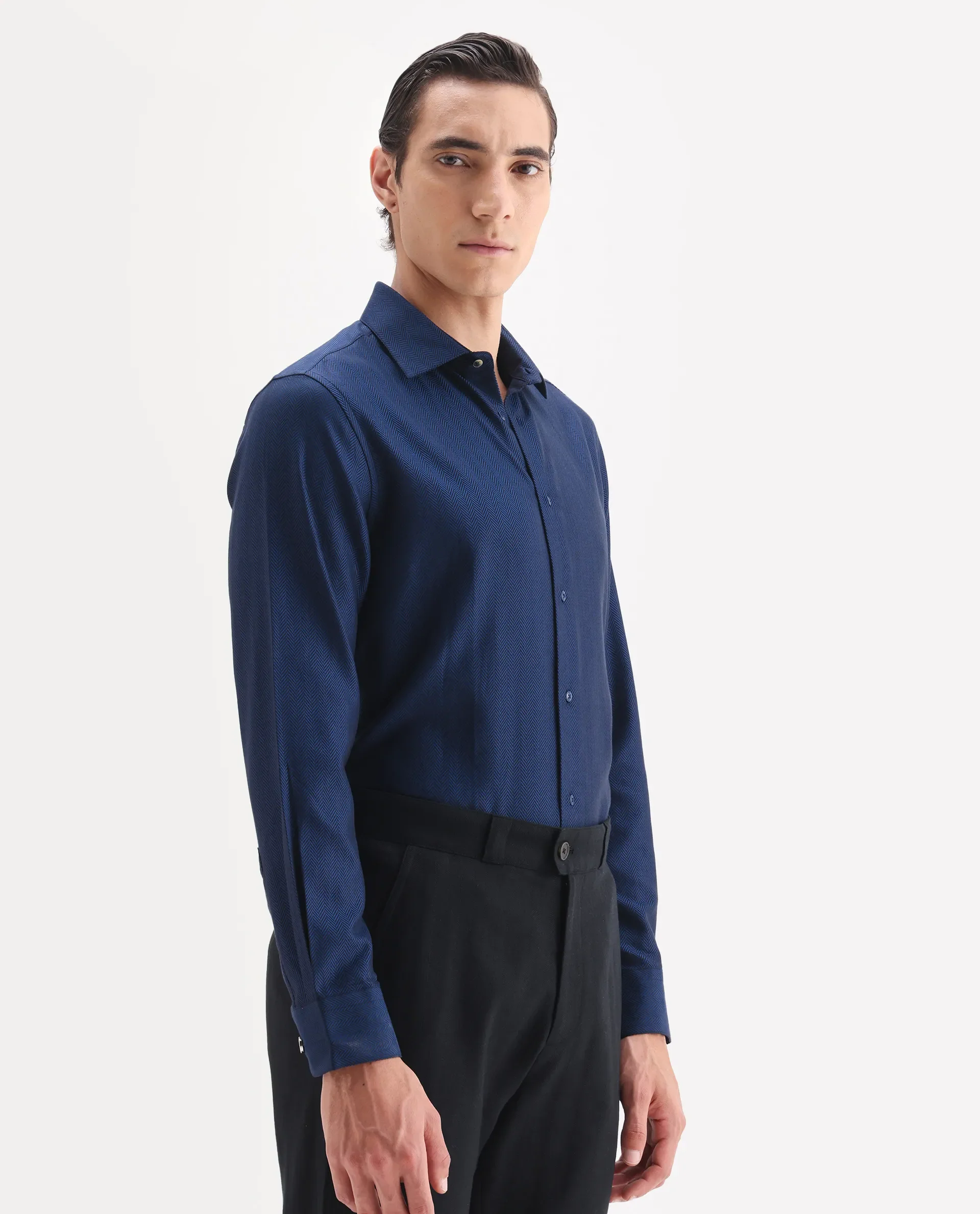 Rare Rabbit Men's Ruther 25 Dark Blue Cotton Fabric Spread Collar Regular Jacquard Shirt - Image 6