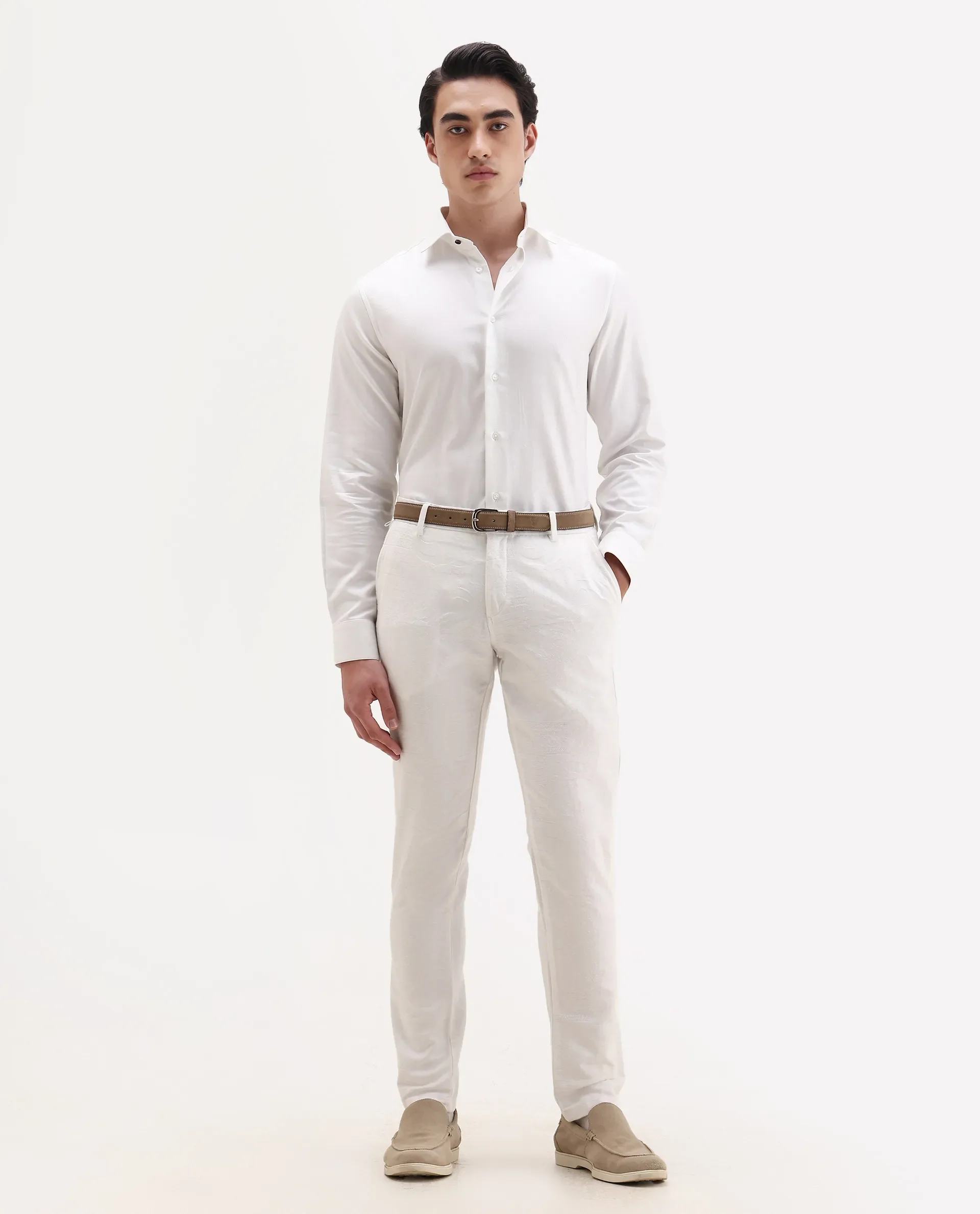 Rare Rabbit Men's Ruther 25 White Cotton Fabric Spread Collar Regular Jacquard Shirt - Image 2
