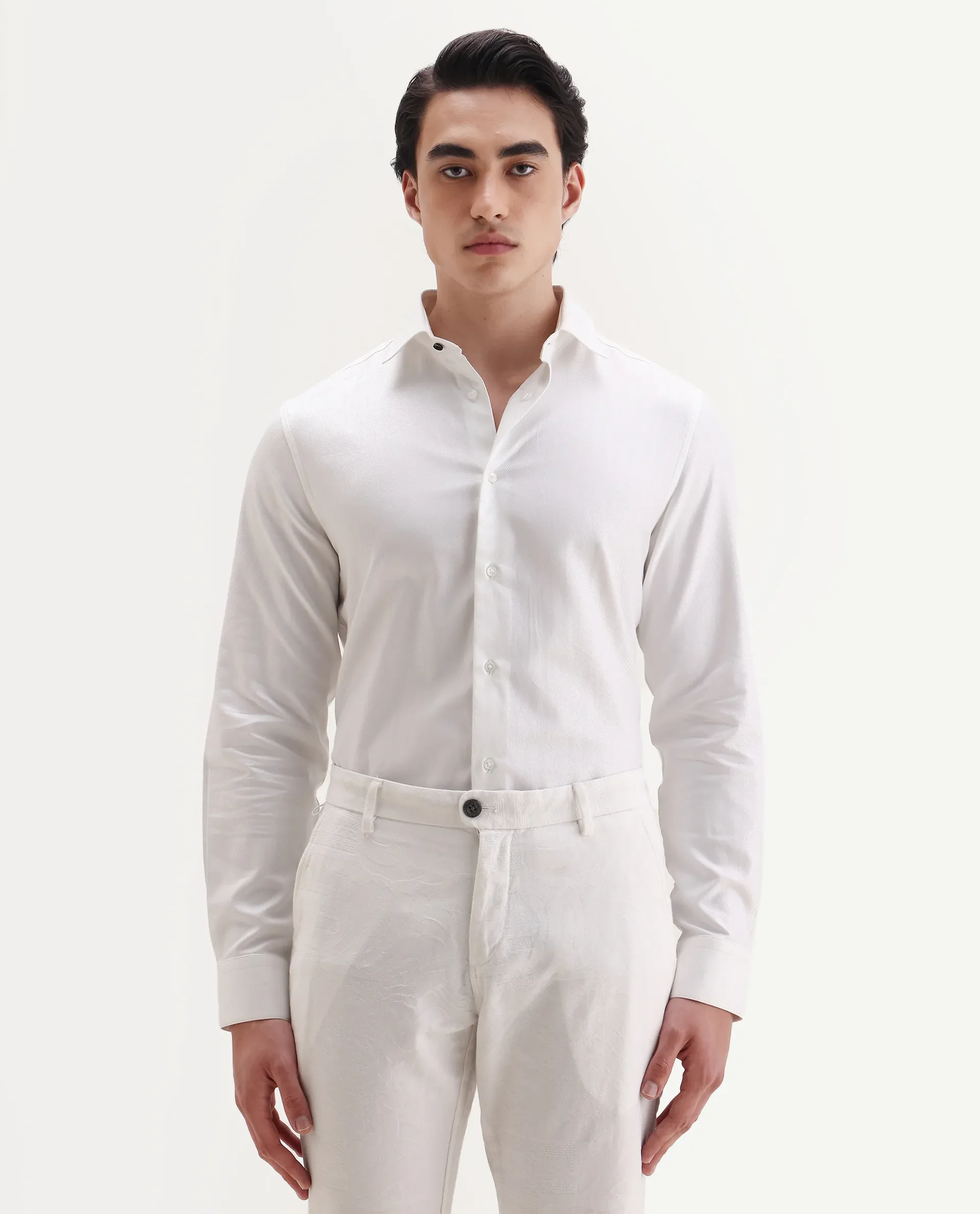 Rare Rabbit Men's Ruther 25 White Cotton Fabric Spread Collar Regular Jacquard Shirt - Image 5