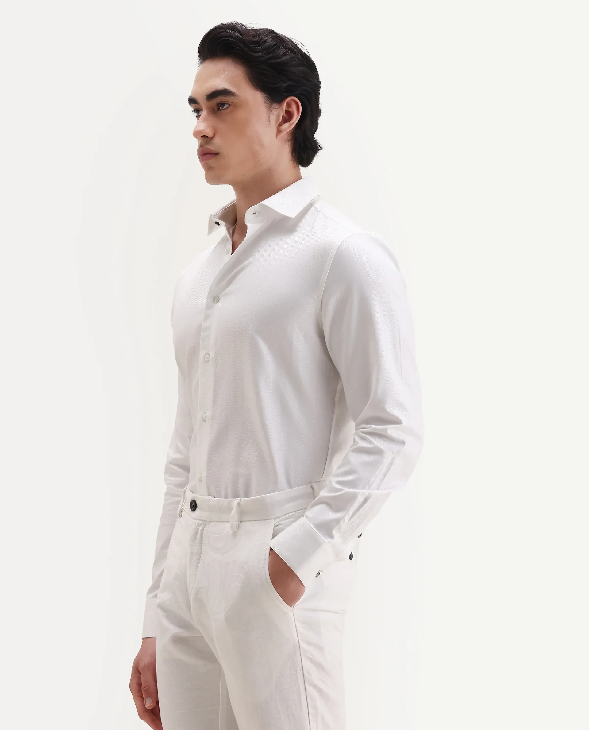 Rare Rabbit Men's Ruther 25 White Cotton Fabric Spread Collar Regular Jacquard Shirt - Image 6