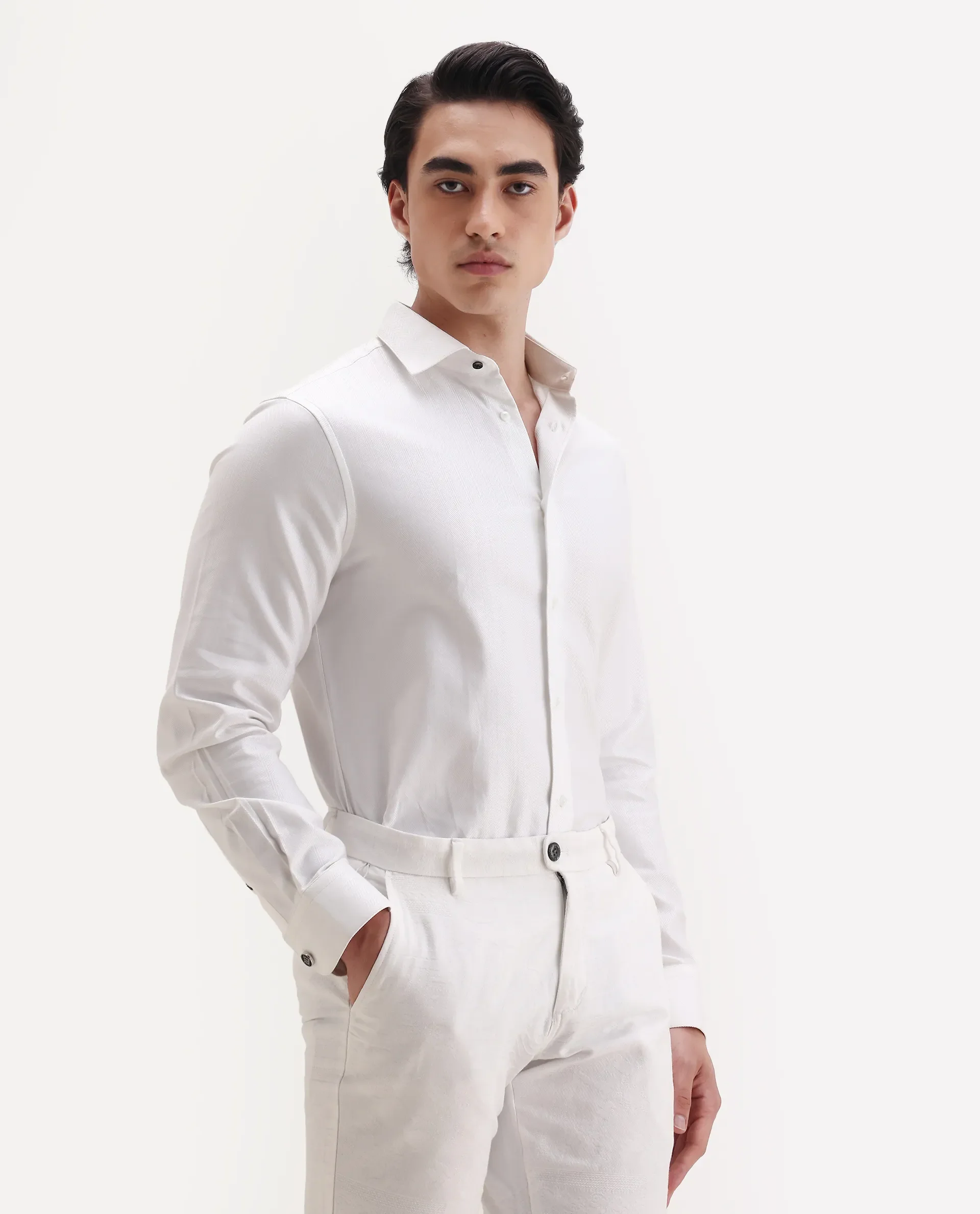 Rare Rabbit Men's Ruther 25 White Cotton Fabric Spread Collar Regular Jacquard Shirt - Image 7