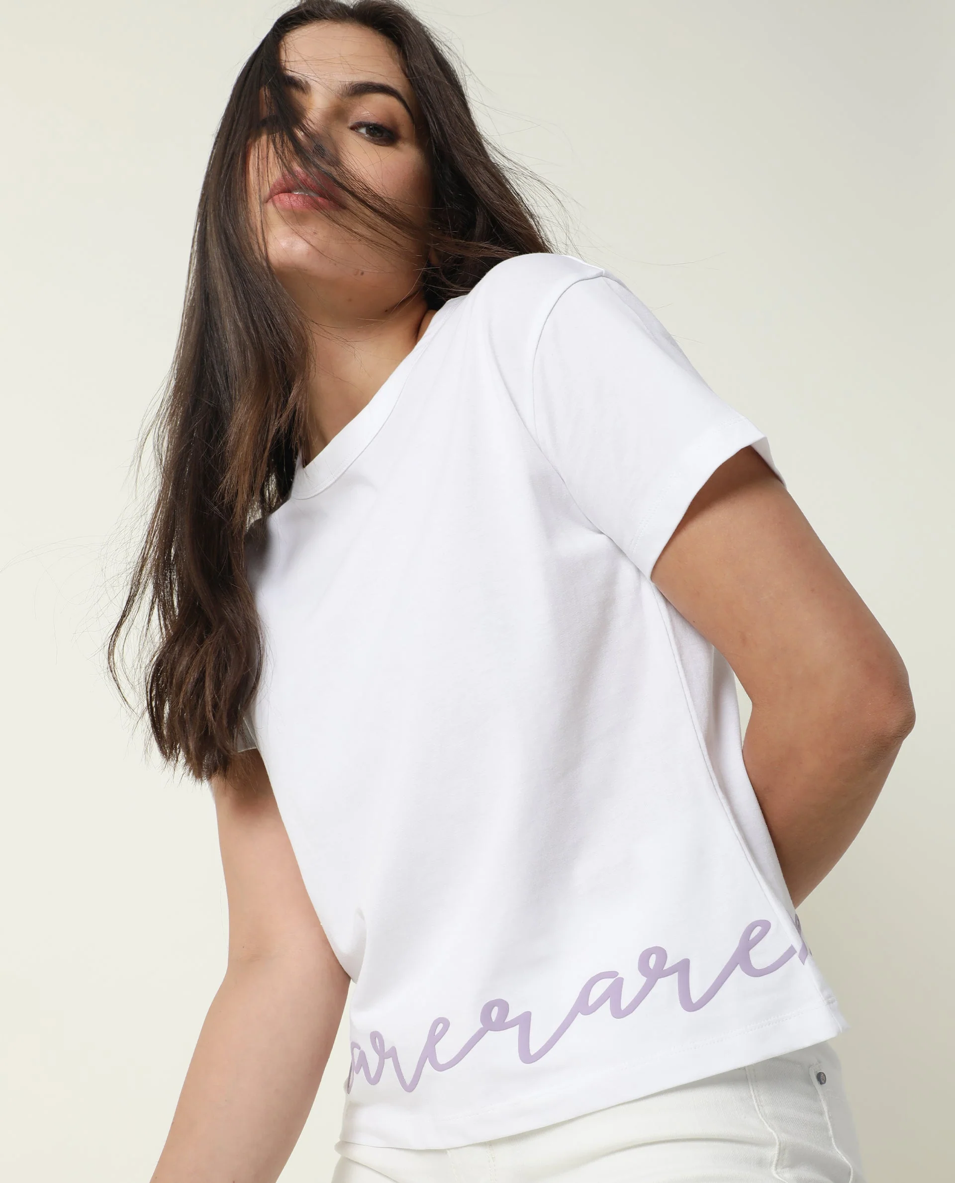 Rareism Women's Ruthi White Cotton Crew Neck Graphic Print Regular Fit T-Shirt