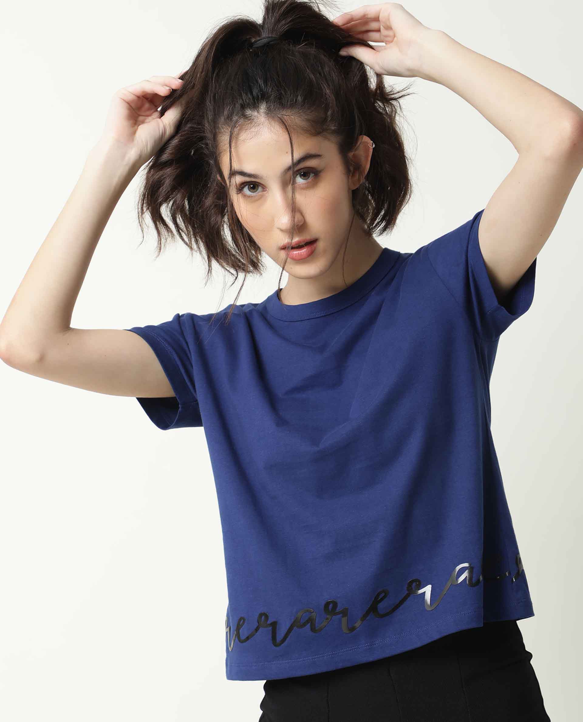 Rareism Women's Ruthi Navy Cotton Crew Neck Graphic Print Regular Fit T-Shirt