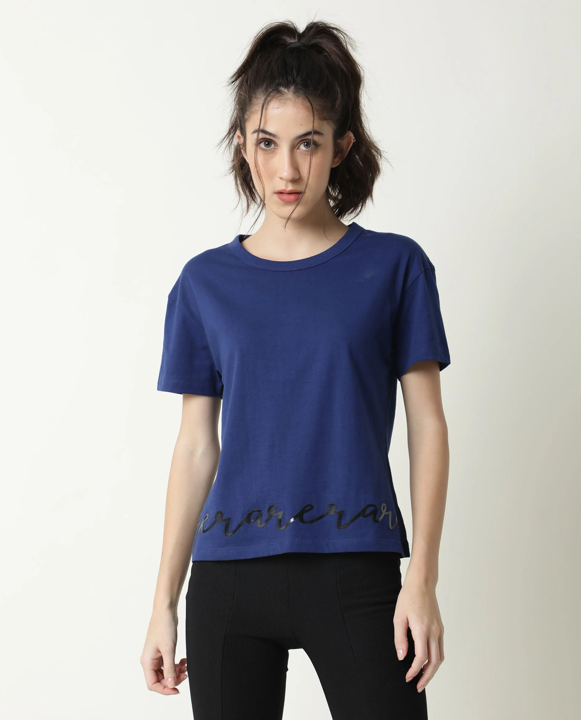 Rareism Women's Ruthi Navy Cotton Crew Neck Graphic Print Regular Fit T-Shirt - Image 4