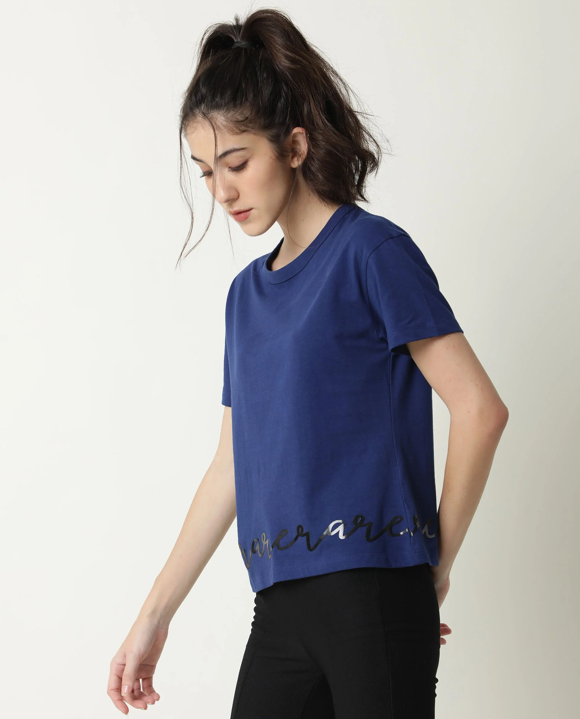 Rareism Women's Ruthi Navy Cotton Crew Neck Graphic Print Regular Fit T-Shirt - Image 5