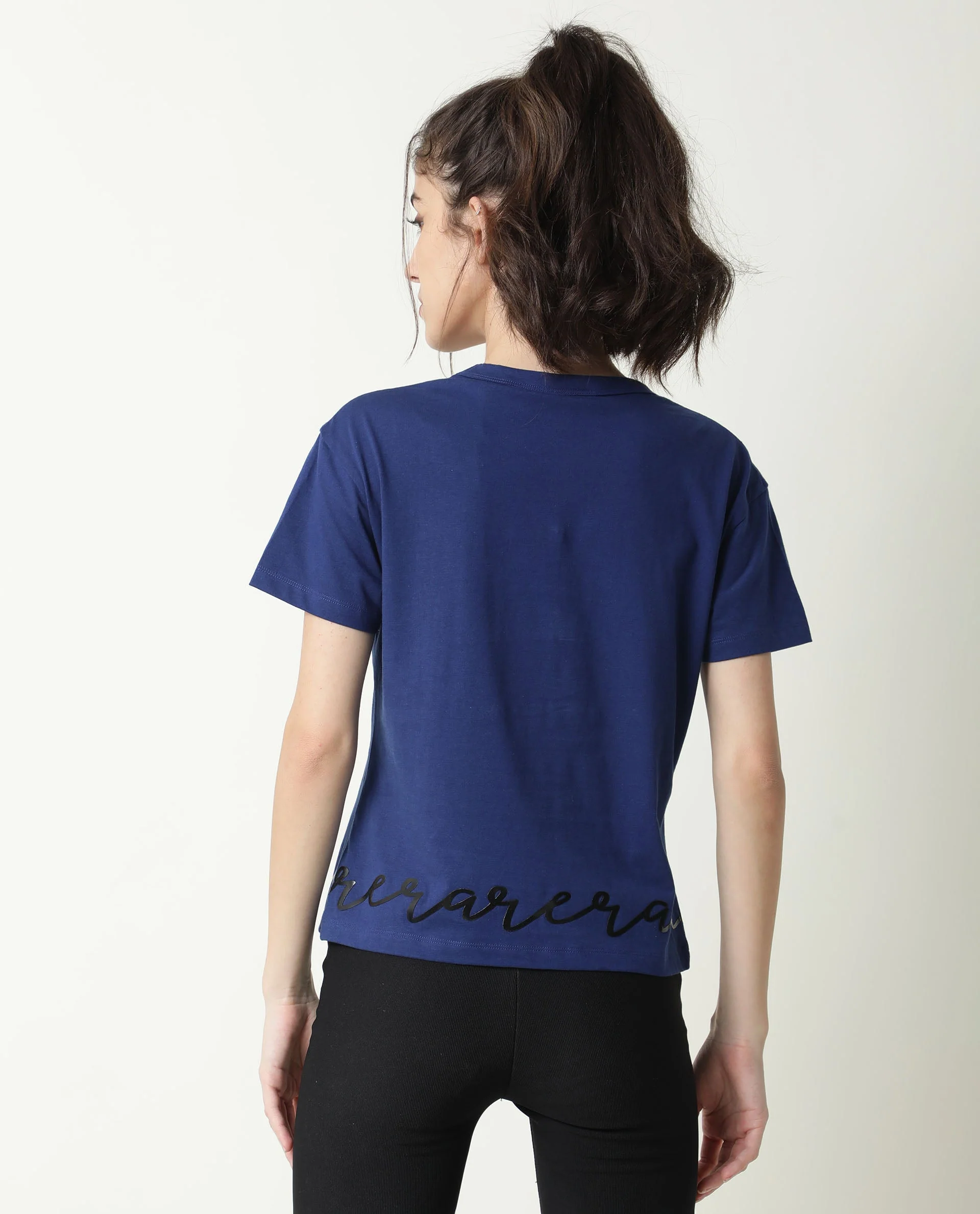 Rareism Women's Ruthi Navy Cotton Crew Neck Graphic Print Regular Fit T-Shirt - Image 6
