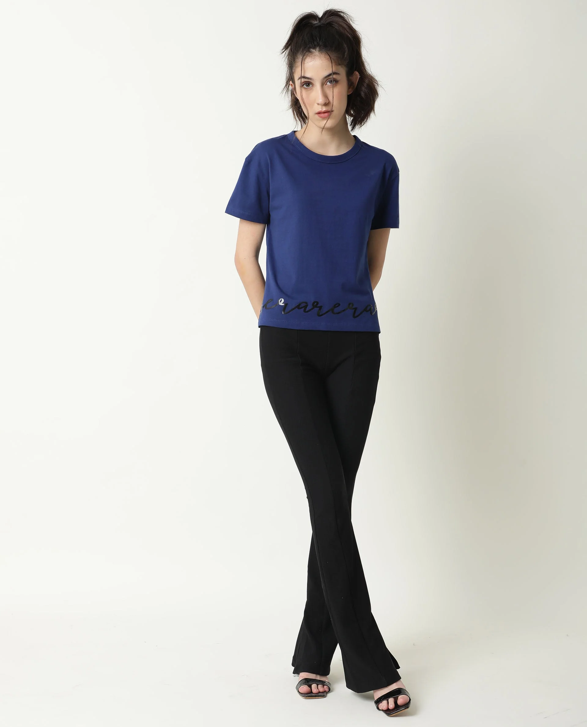 Rareism Women's Ruthi Navy Cotton Crew Neck Graphic Print Regular Fit T-Shirt - Image 7