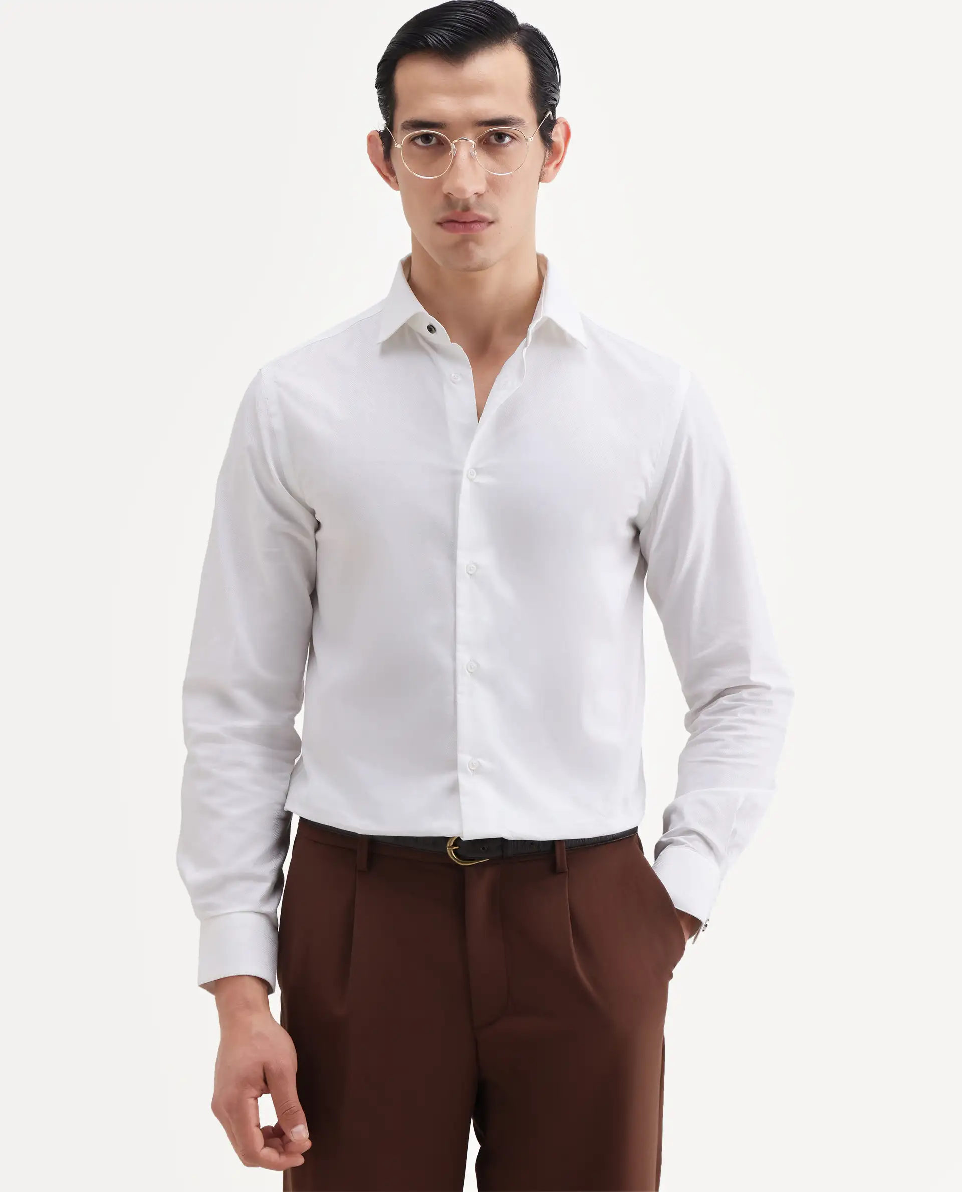 Rare Rabbit Men's Rutho White Cotton Full Sleeve Spread Collar Regular Fit Plain Shirt