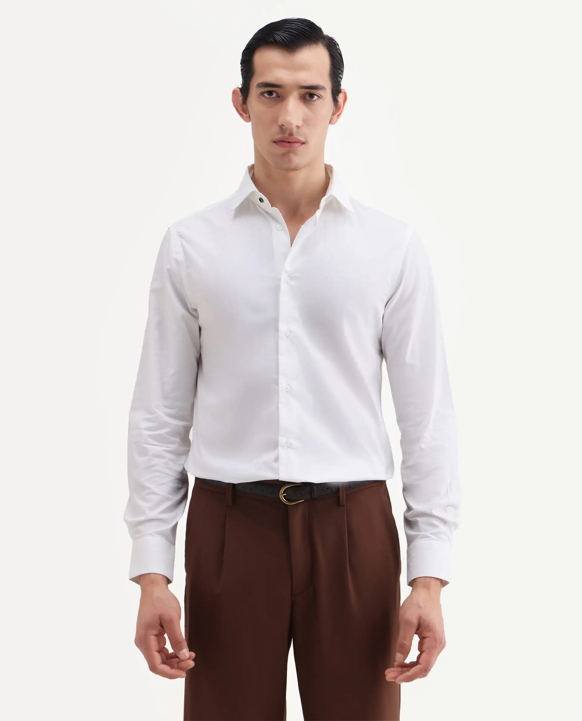 Rare Rabbit Men's Rutho White Cotton Full Sleeve Spread Collar Regular Fit Plain Shirt - Image 4