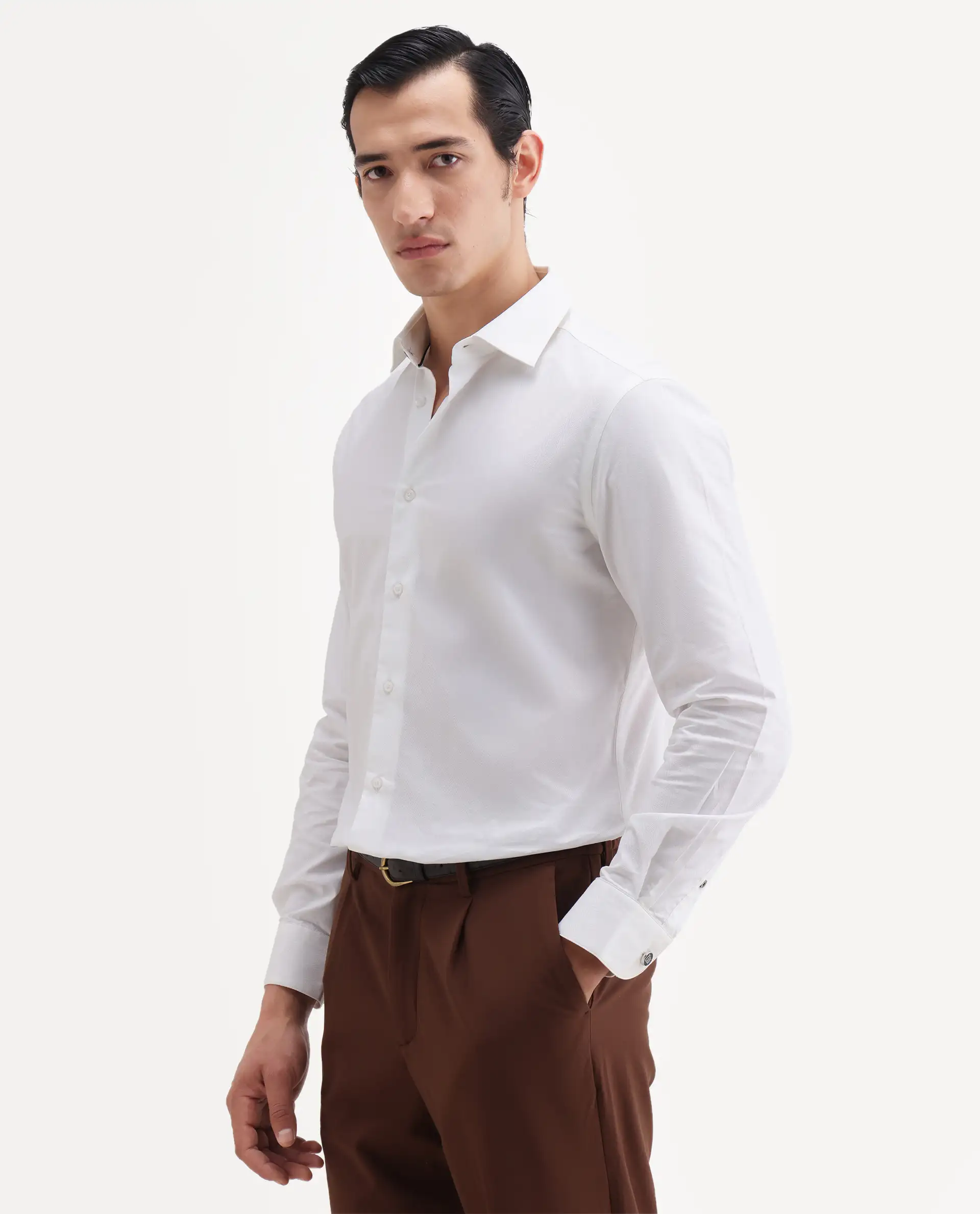 Rare Rabbit Men's Rutho White Cotton Full Sleeve Spread Collar Regular Fit Plain Shirt - Image 5