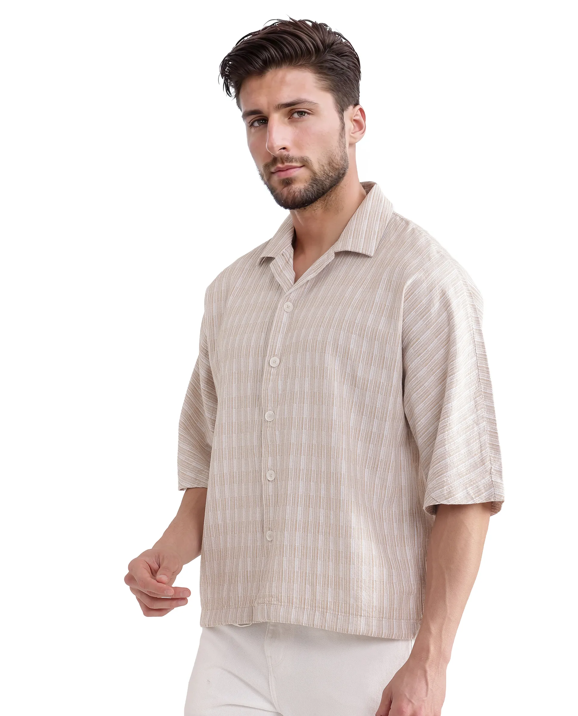 Rare Rabbit Men's Ruto Light Beige Cotton Textured Boxy Fit Half Sleeve Cuban Collar Shirt