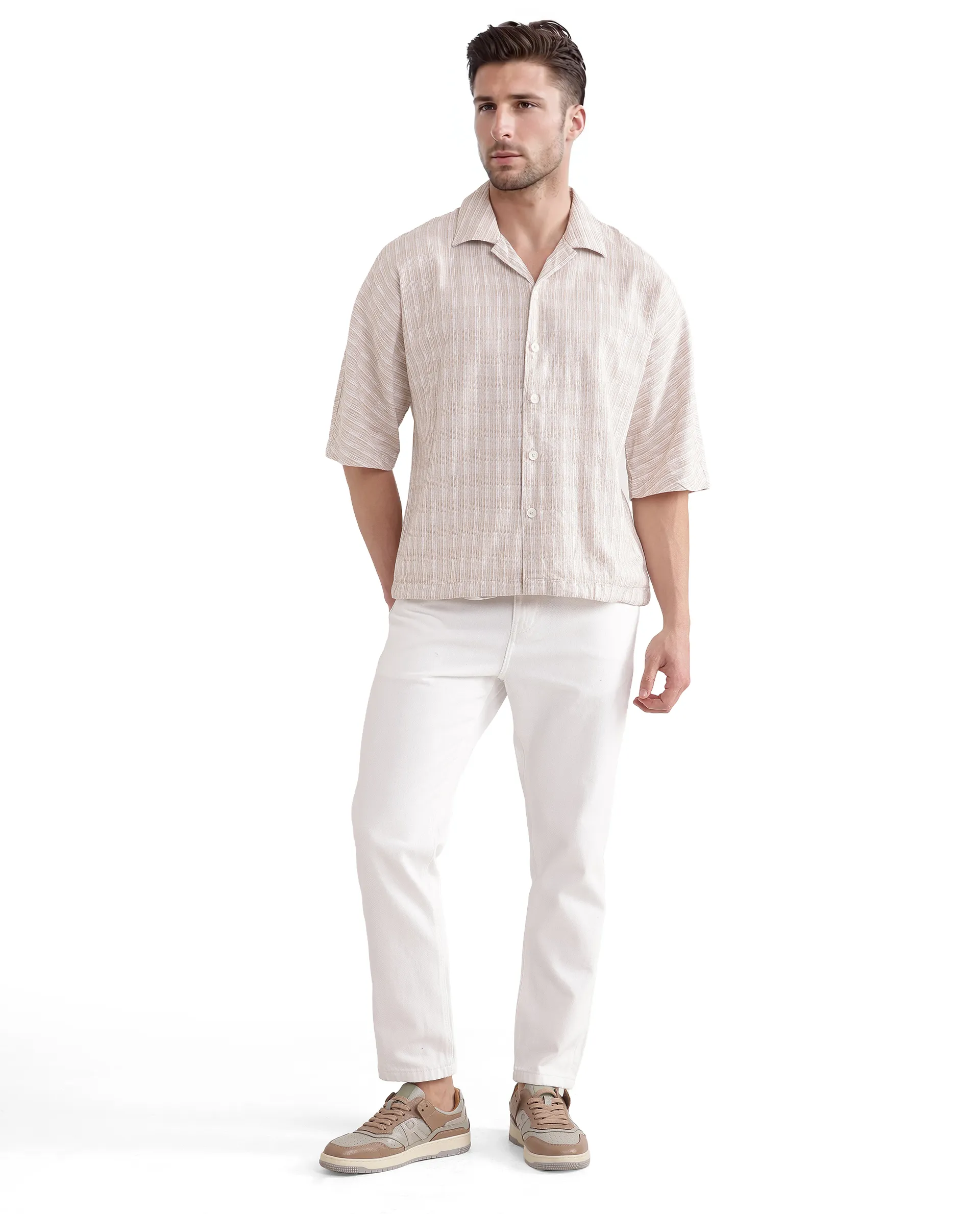 Rare Rabbit Men's Ruto Light Beige Cotton Textured Boxy Fit Half Sleeve Cuban Collar Shirt - Image 2