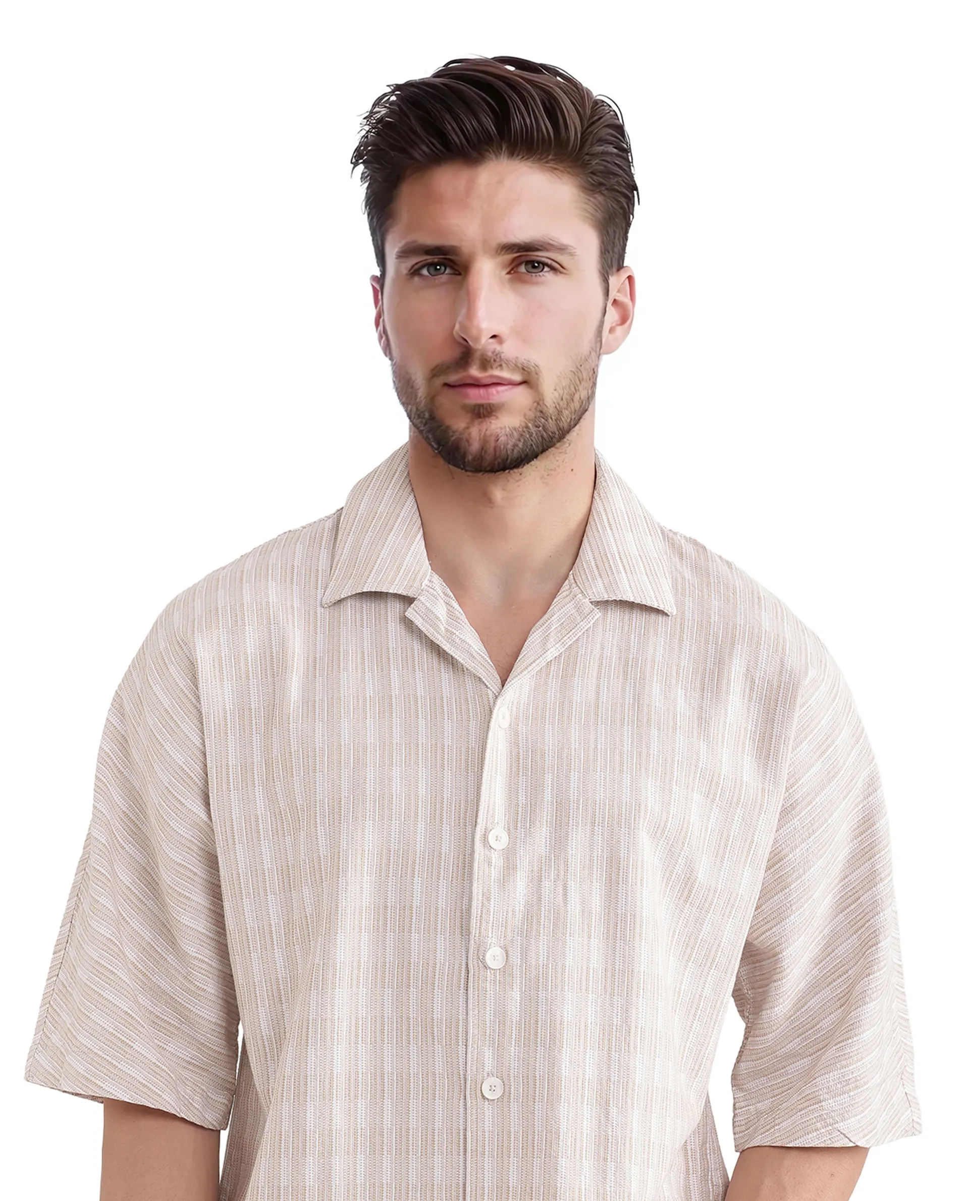 Rare Rabbit Men's Ruto Light Beige Cotton Textured Boxy Fit Half Sleeve Cuban Collar Shirt - Image 3