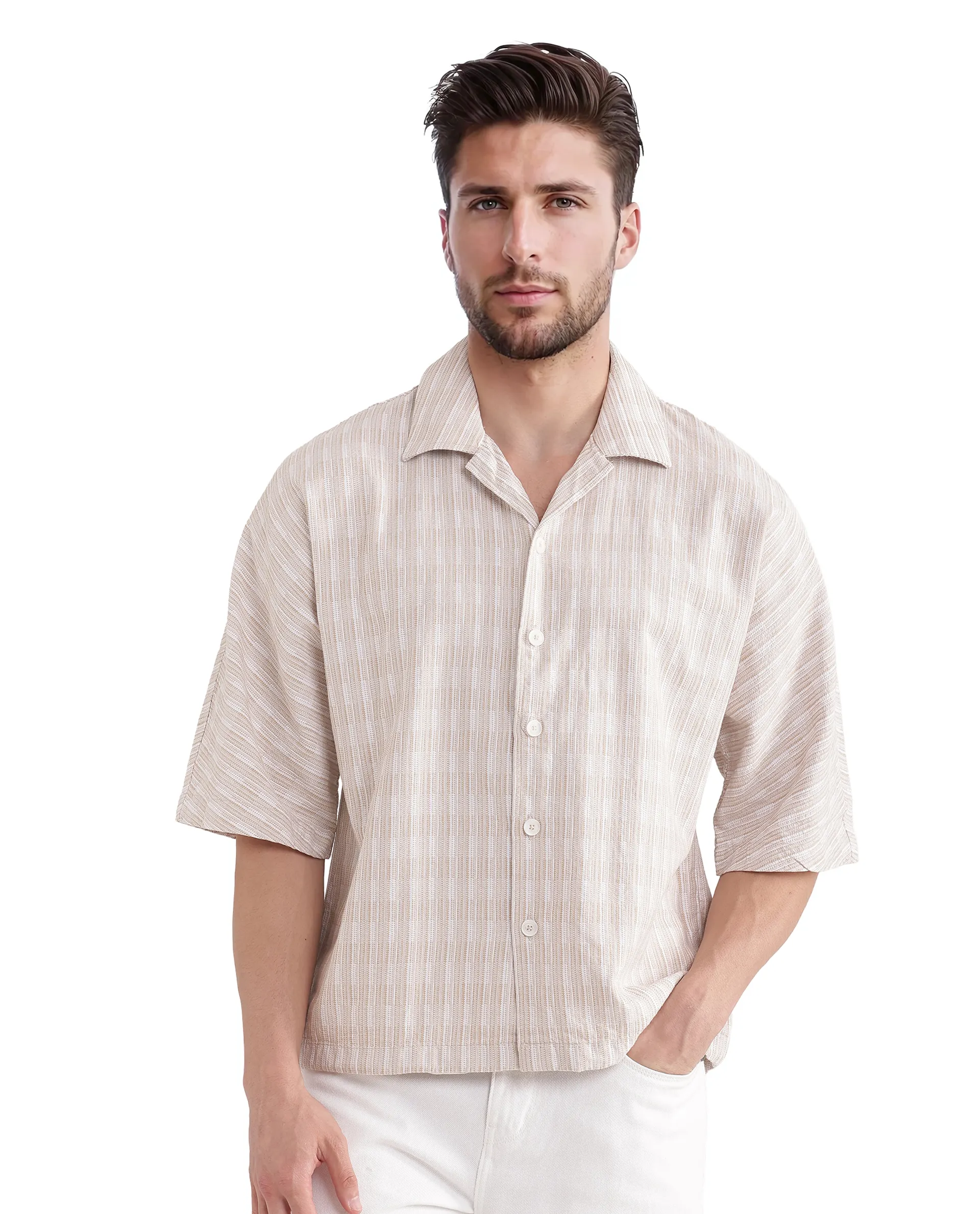 Rare Rabbit Men's Ruto Light Beige Cotton Textured Boxy Fit Half Sleeve Cuban Collar Shirt - Image 4