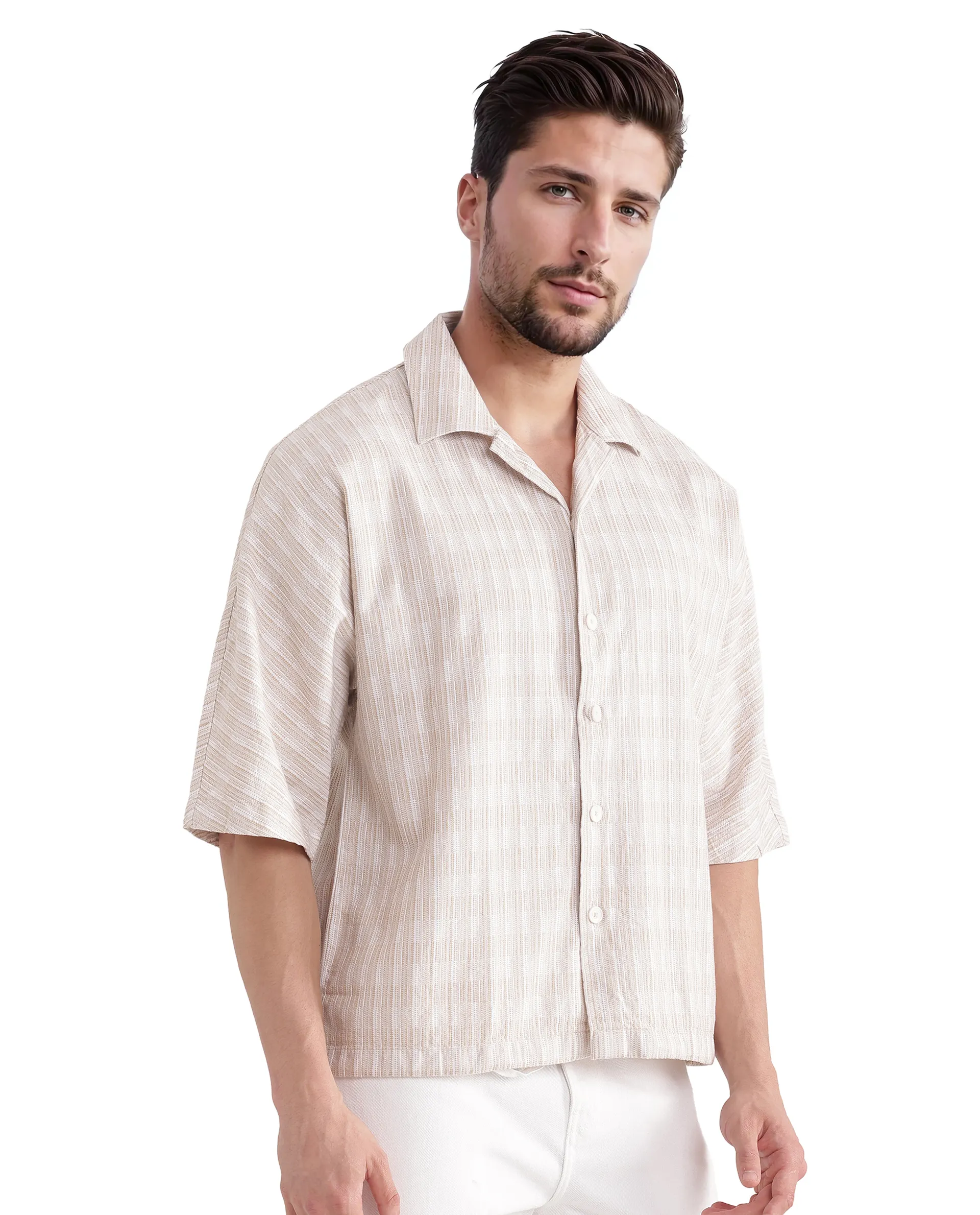 Rare Rabbit Men's Ruto Light Beige Cotton Textured Boxy Fit Half Sleeve Cuban Collar Shirt - Image 5