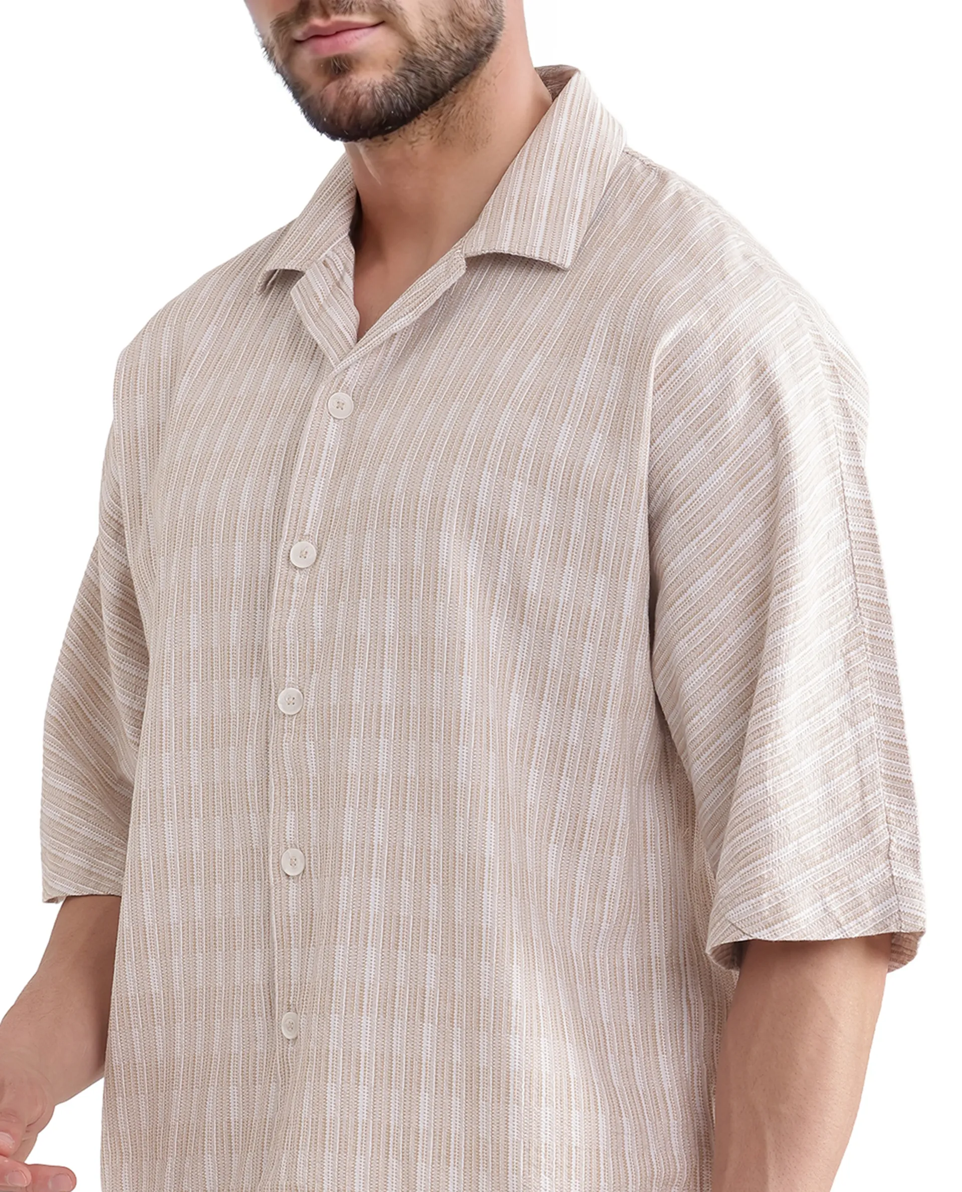 Rare Rabbit Men's Ruto Light Beige Cotton Textured Boxy Fit Half Sleeve Cuban Collar Shirt - Image 6