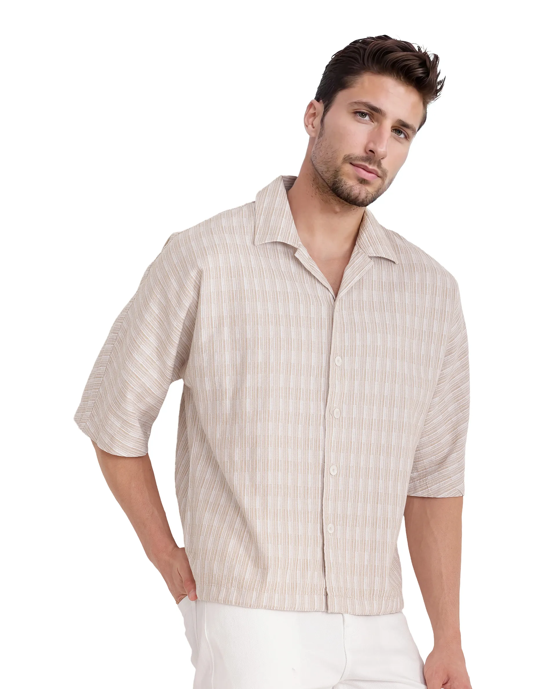 Rare Rabbit Men's Ruto Light Beige Cotton Textured Boxy Fit Half Sleeve Cuban Collar Shirt - Image 7