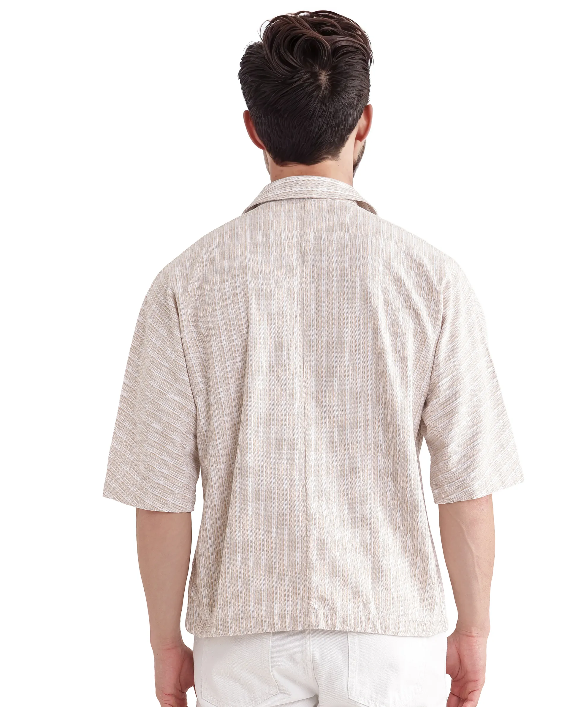Rare Rabbit Men's Ruto Light Beige Cotton Textured Boxy Fit Half Sleeve Cuban Collar Shirt - Image 8