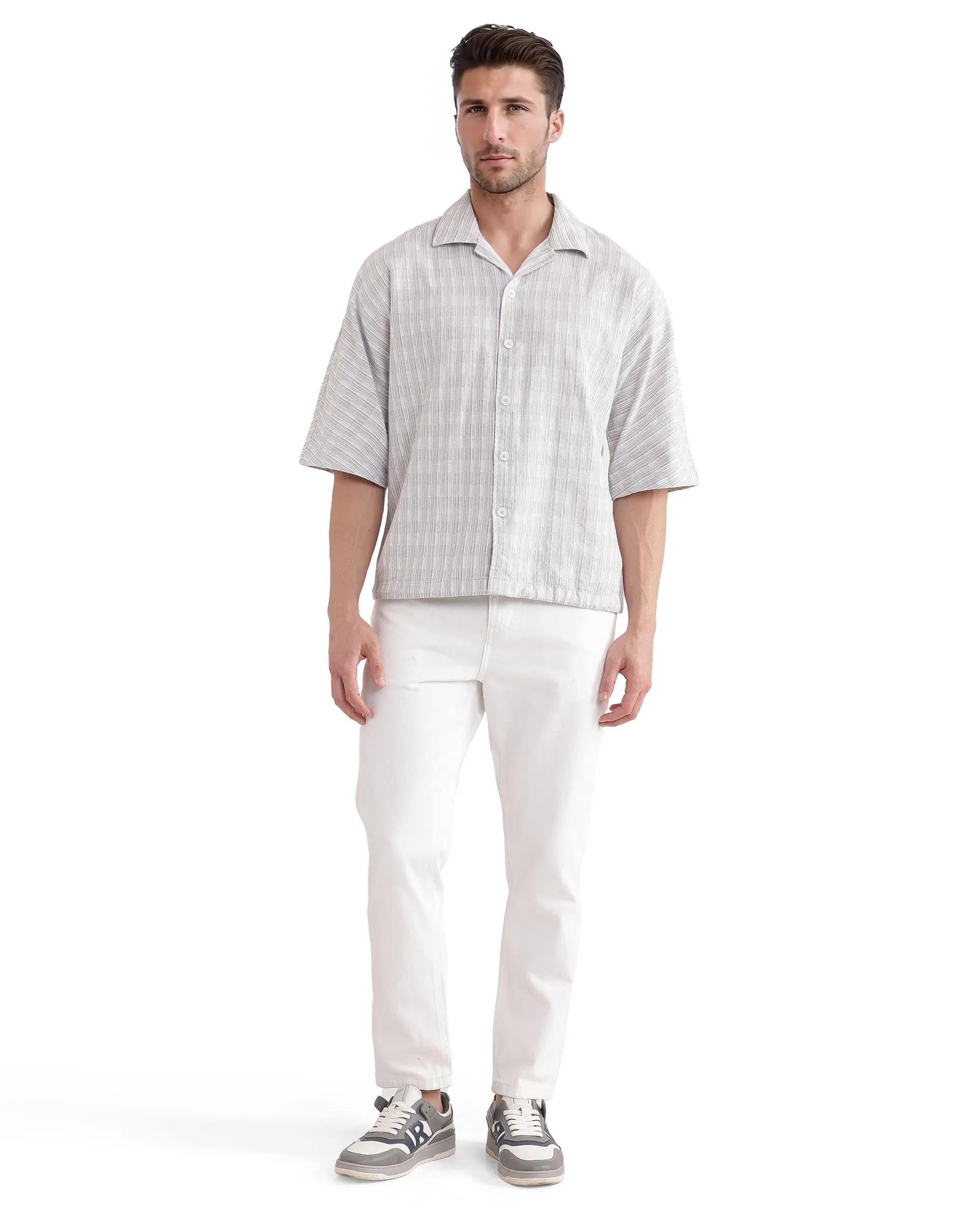 Rare Rabbit Men's Ruto Light Grey Cotton Textured Boxy Fit Half Sleeve Cuban Collar Shirt - Image 2