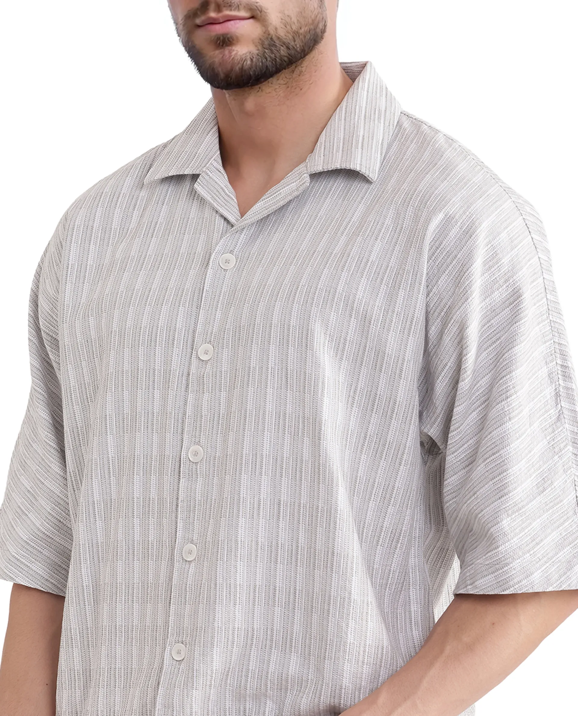 Rare Rabbit Men's Ruto Light Grey Cotton Textured Boxy Fit Half Sleeve Cuban Collar Shirt - Image 3