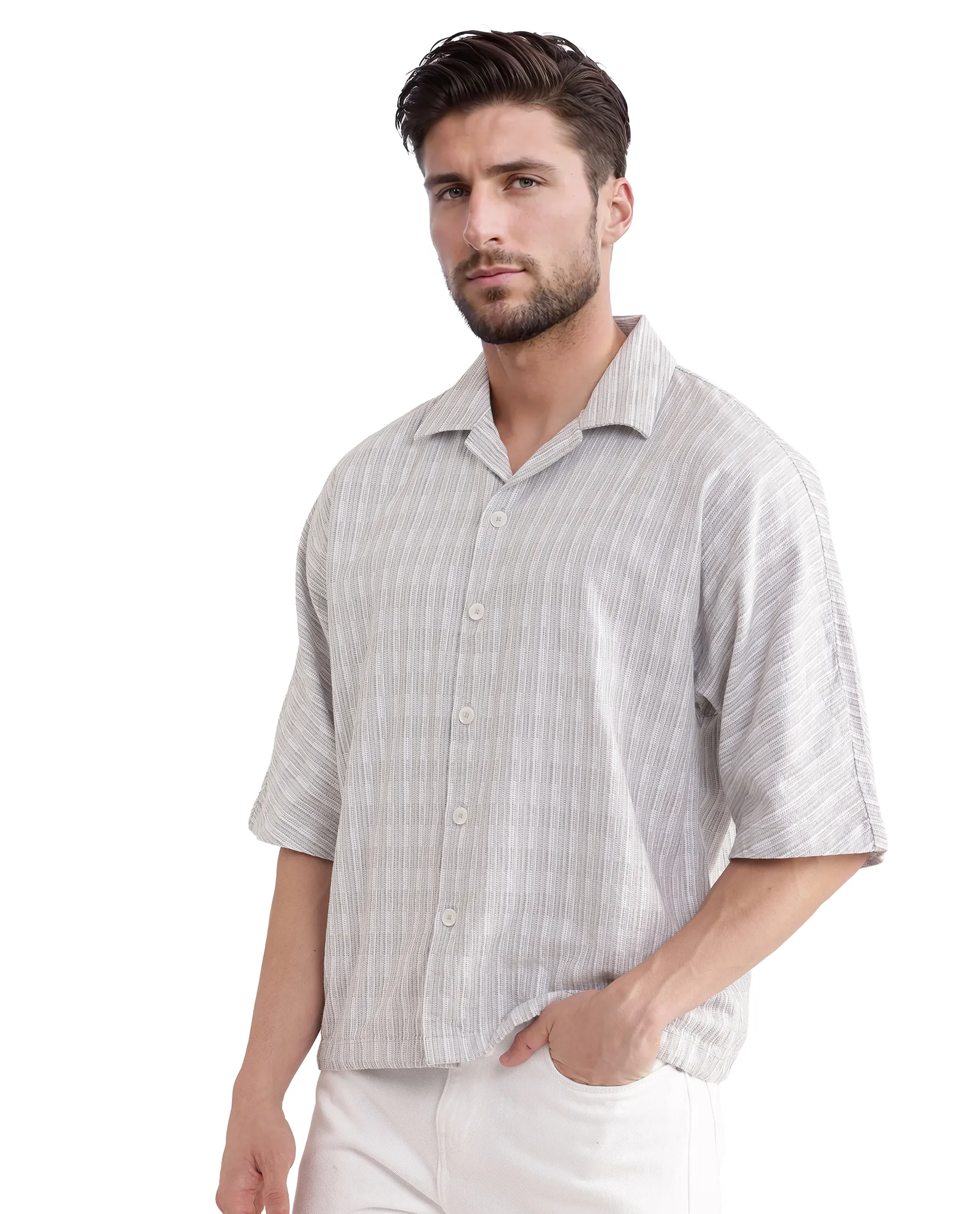 Rare Rabbit Men's Ruto Light Grey Cotton Textured Boxy Fit Half Sleeve Cuban Collar Shirt - Image 4