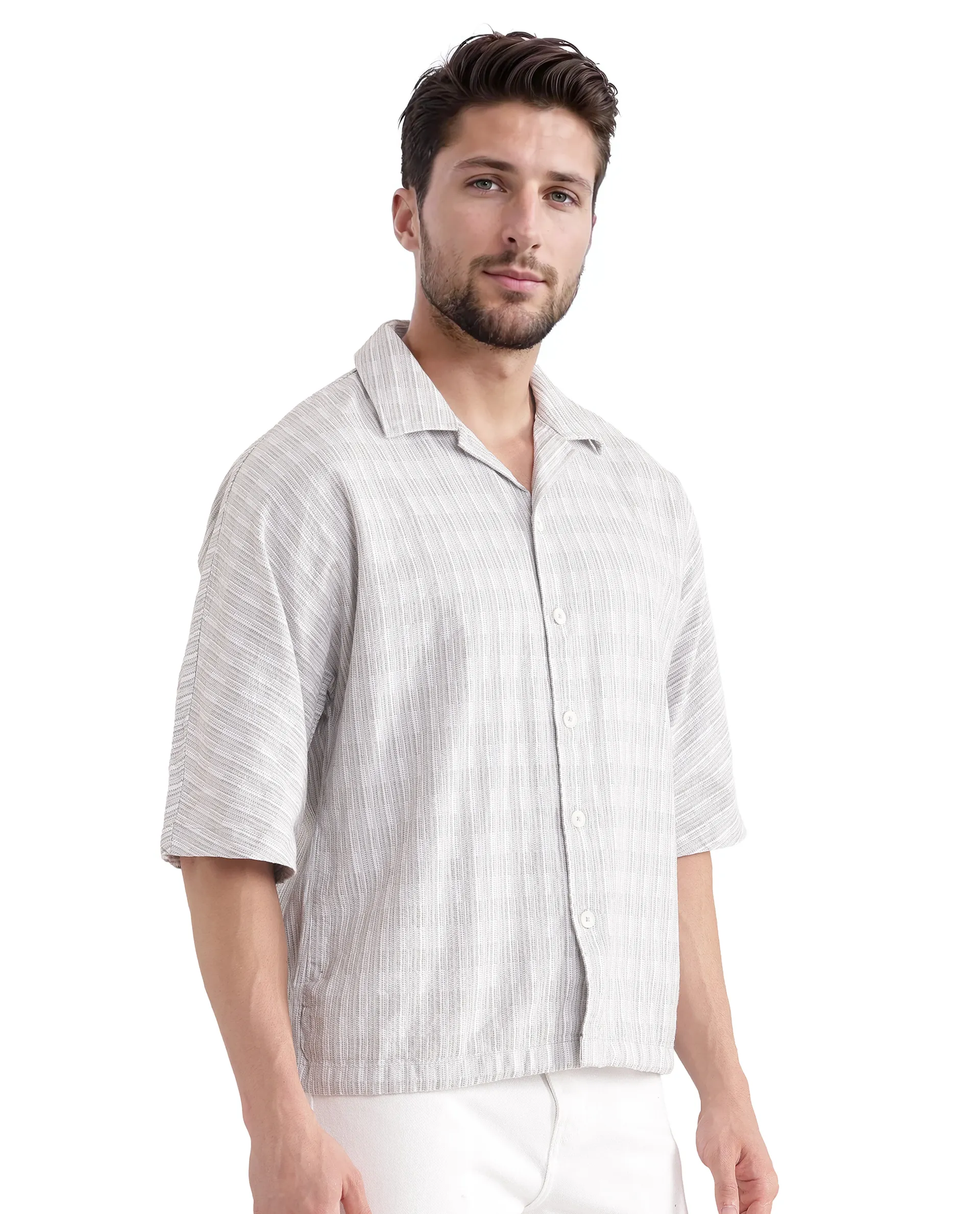 Rare Rabbit Men's Ruto Light Grey Cotton Textured Boxy Fit Half Sleeve Cuban Collar Shirt - Image 5
