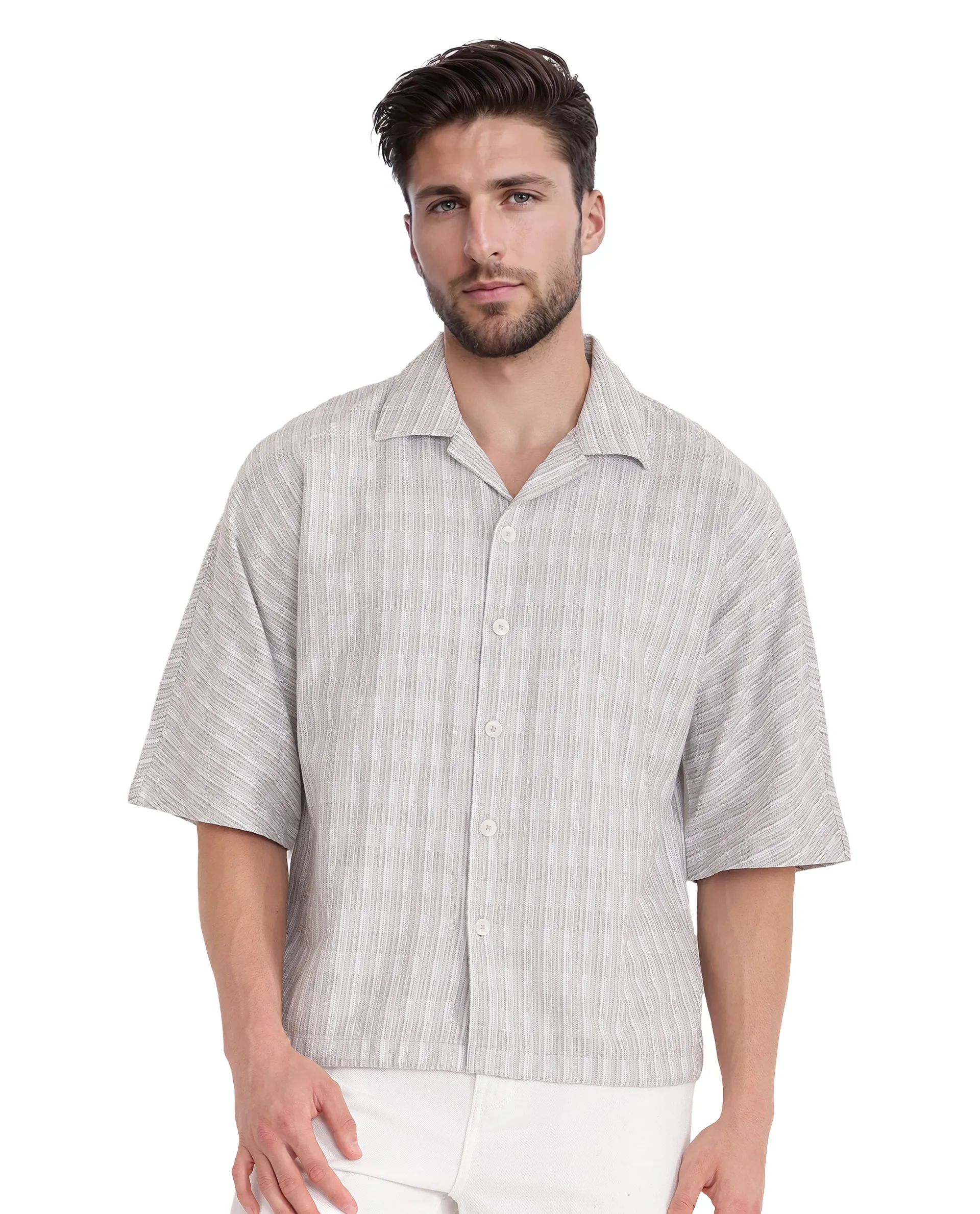Rare Rabbit Men's Ruto Light Grey Cotton Textured Boxy Fit Half Sleeve Cuban Collar Shirt - Image 6