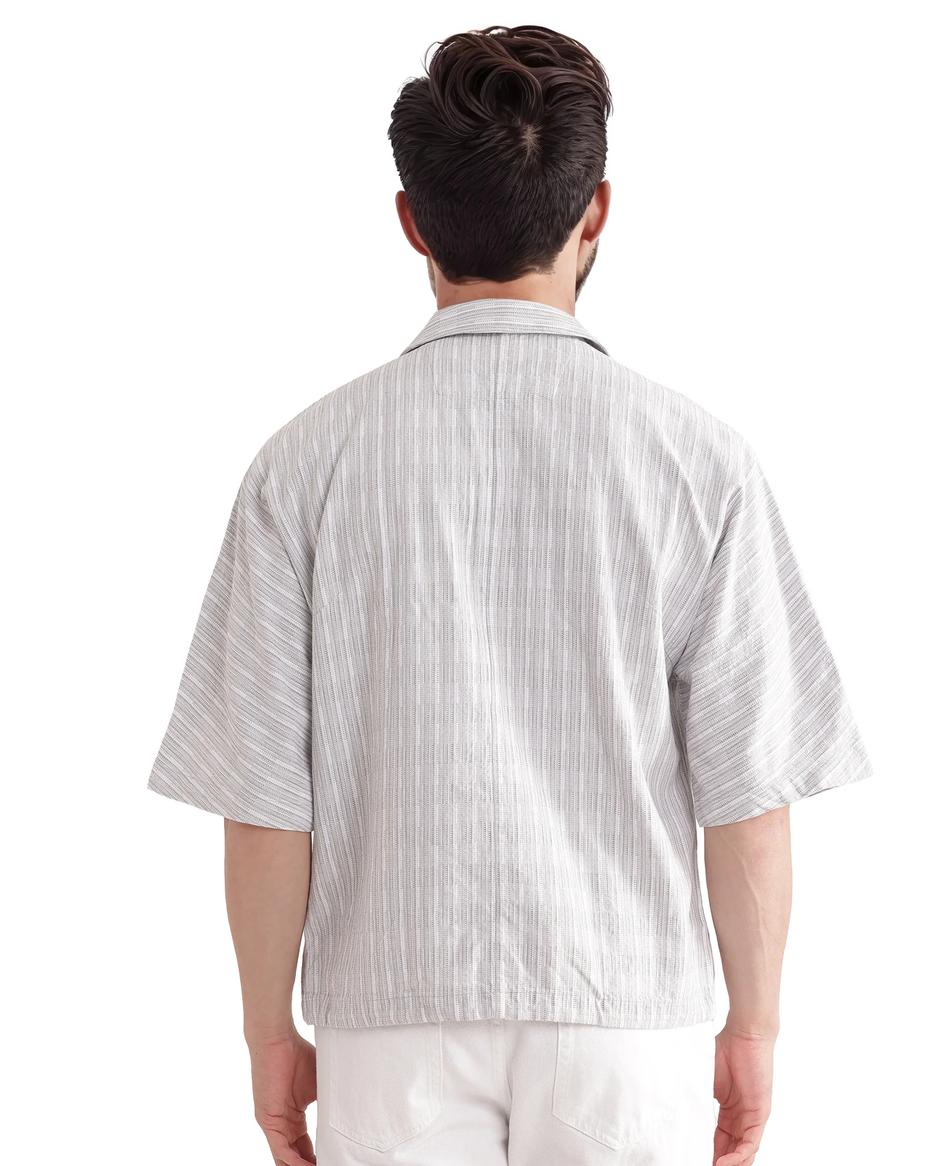 Rare Rabbit Men's Ruto Light Grey Cotton Textured Boxy Fit Half Sleeve Cuban Collar Shirt - Image 7