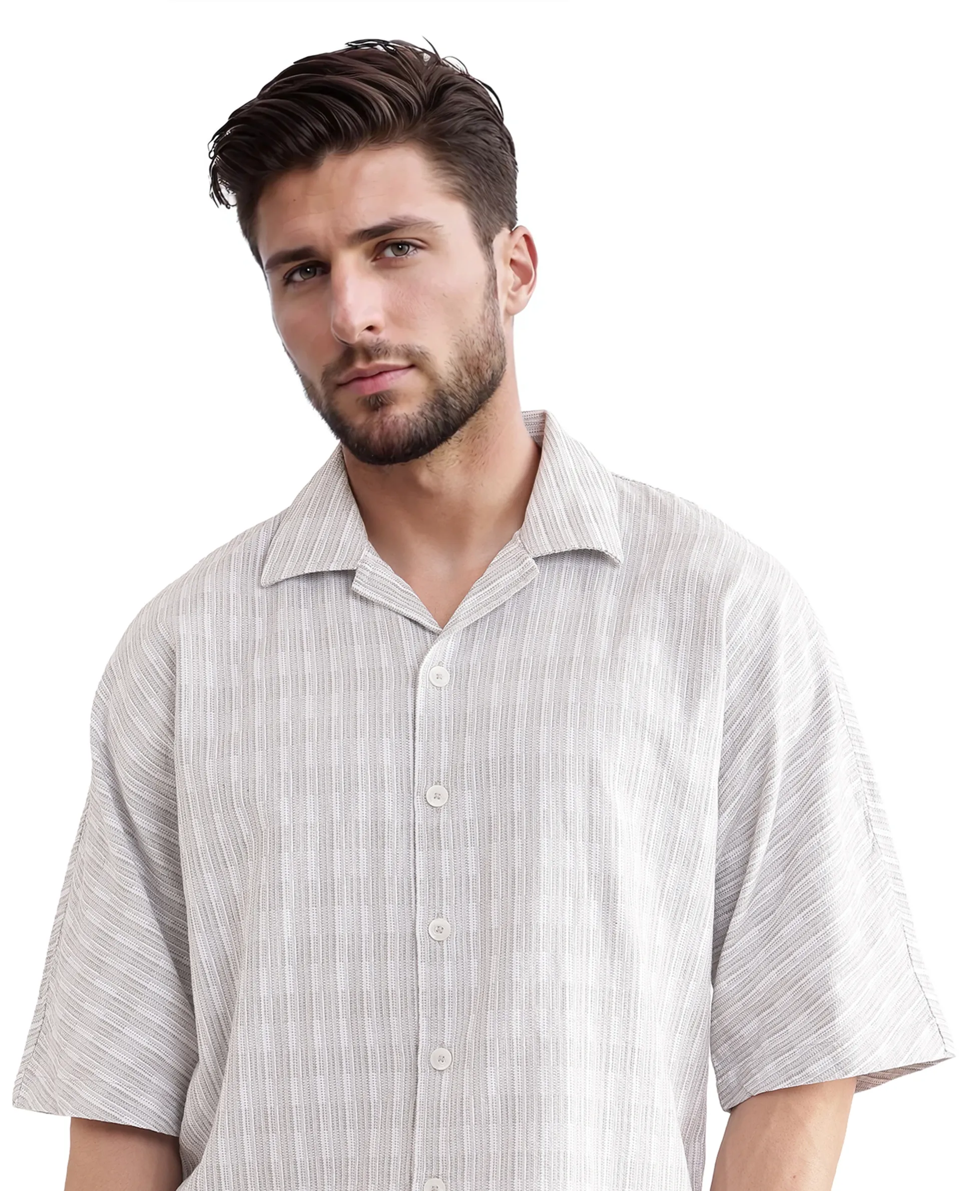 Rare Rabbit Men's Ruto Light Grey Cotton Textured Boxy Fit Half Sleeve Cuban Collar Shirt - Image 8