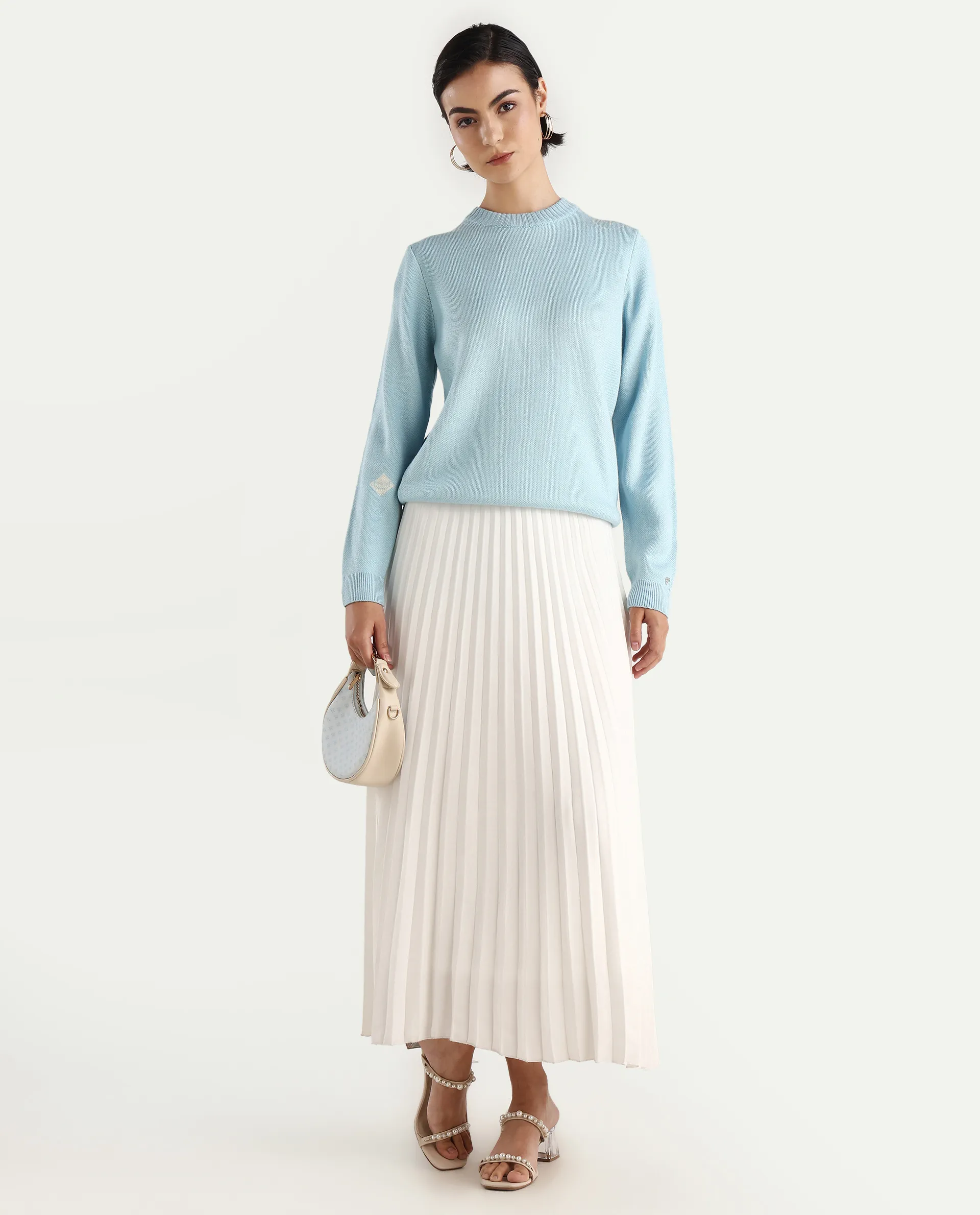 Rareism Women's Ruto Light Blue Acrylic Crew Neck Plain Relaxed Fit Sweater - Image 2