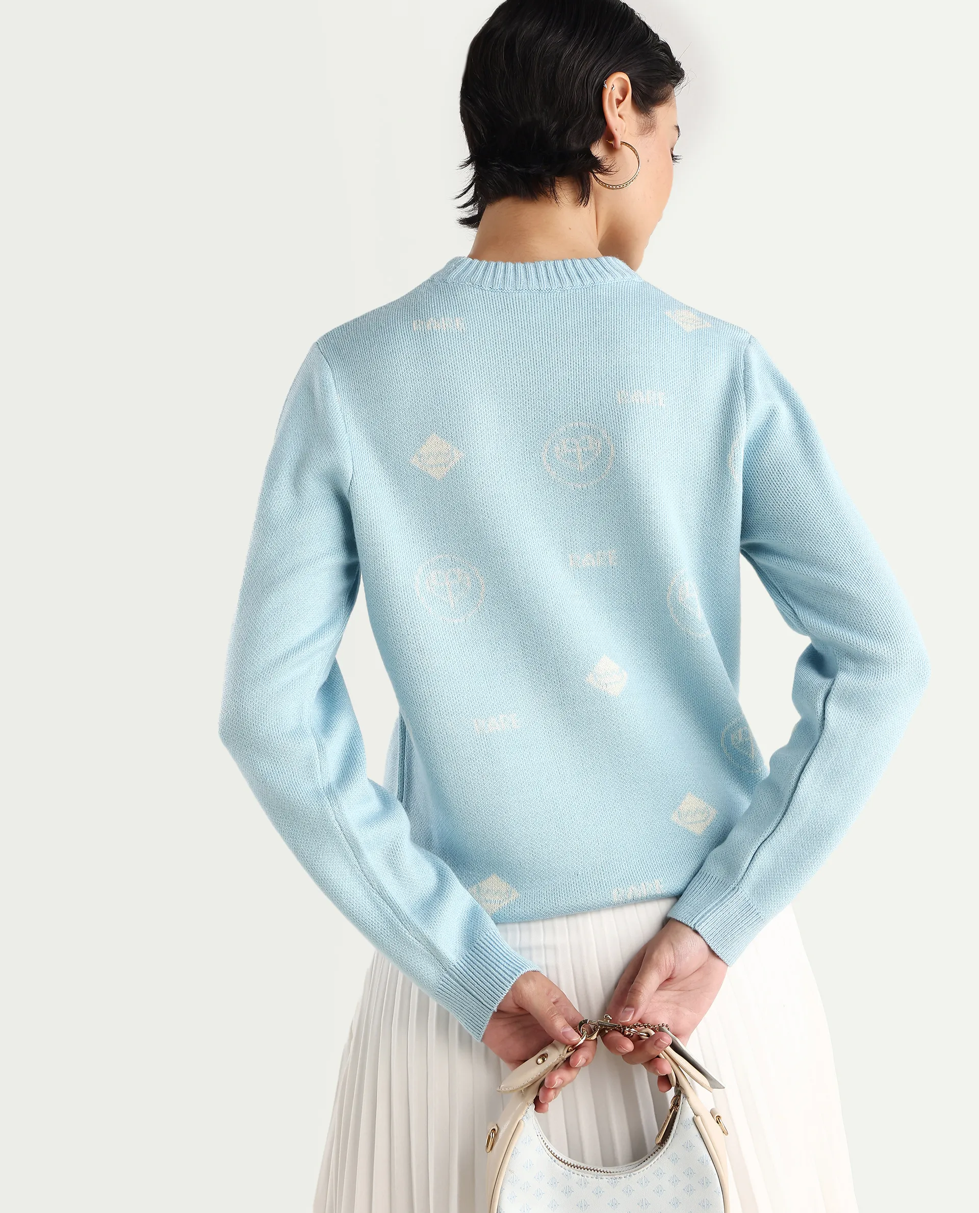 Rareism Women's Ruto Light Blue Acrylic Crew Neck Plain Relaxed Fit Sweater - Image 3