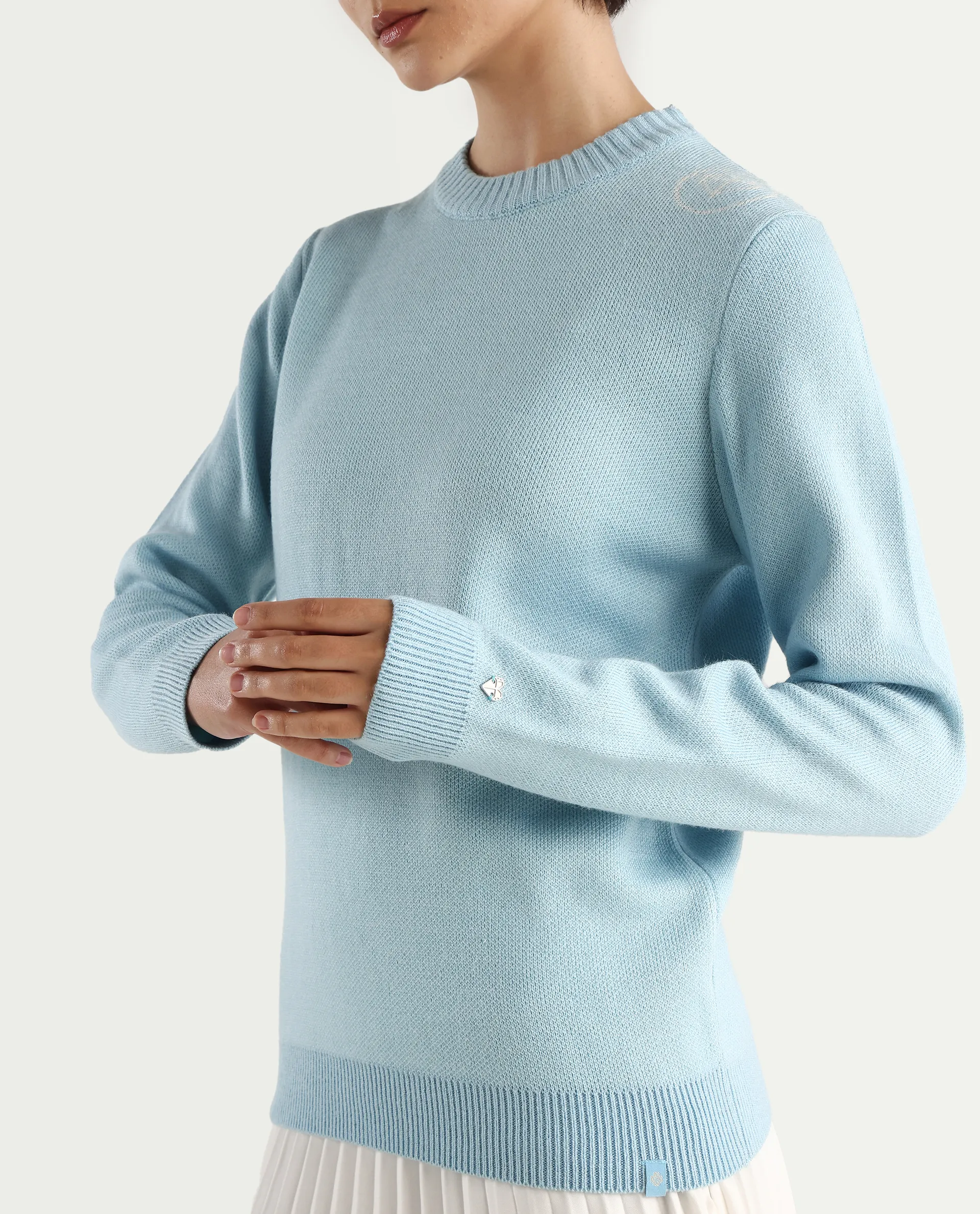 Rareism Women's Ruto Light Blue Acrylic Crew Neck Plain Relaxed Fit Sweater - Image 5