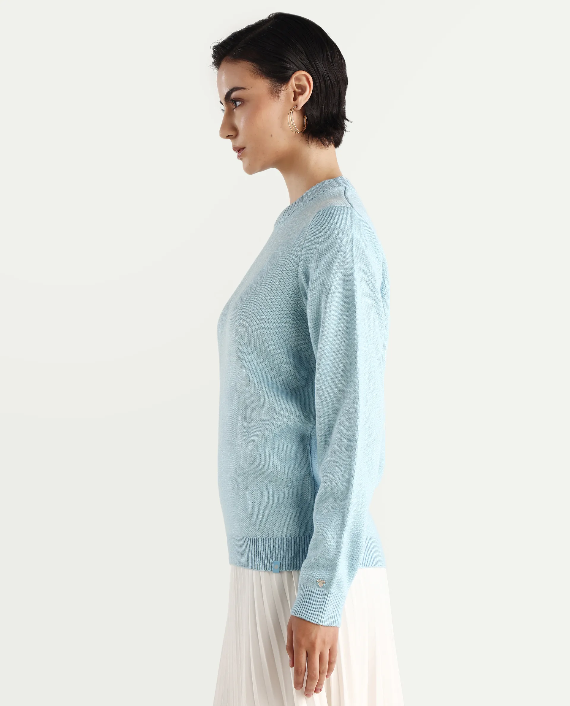 Rareism Women's Ruto Light Blue Acrylic Crew Neck Plain Relaxed Fit Sweater - Image 6