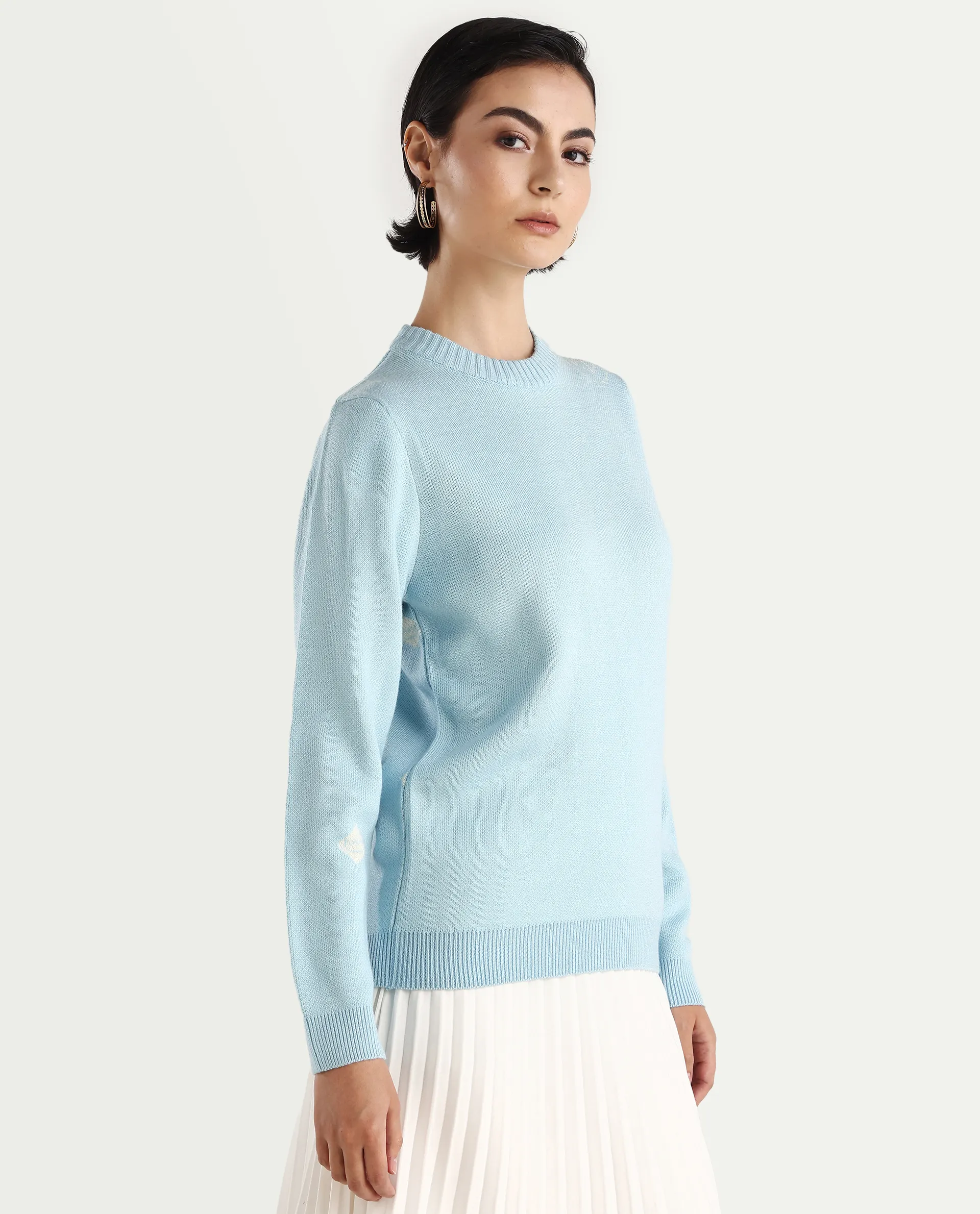 Rareism Women's Ruto Light Blue Acrylic Crew Neck Plain Relaxed Fit Sweater - Image 7