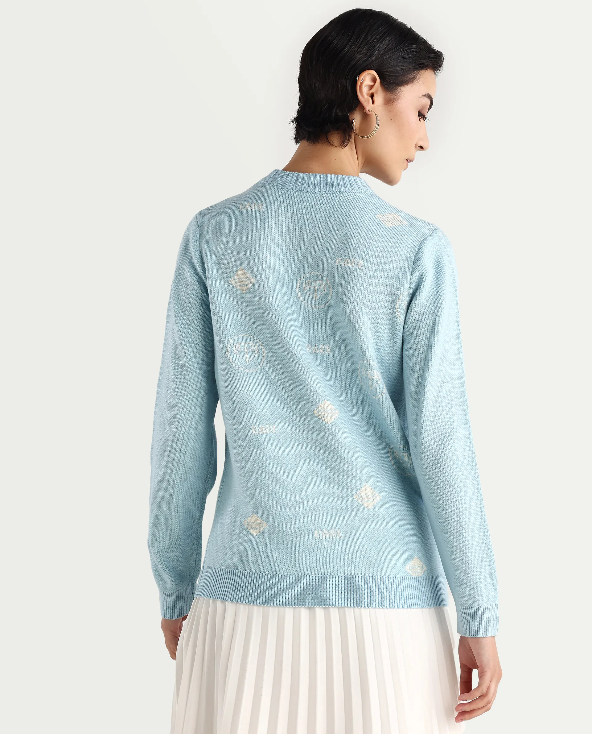 Rareism Women's Ruto Light Blue Acrylic Crew Neck Plain Relaxed Fit Sweater - Image 8