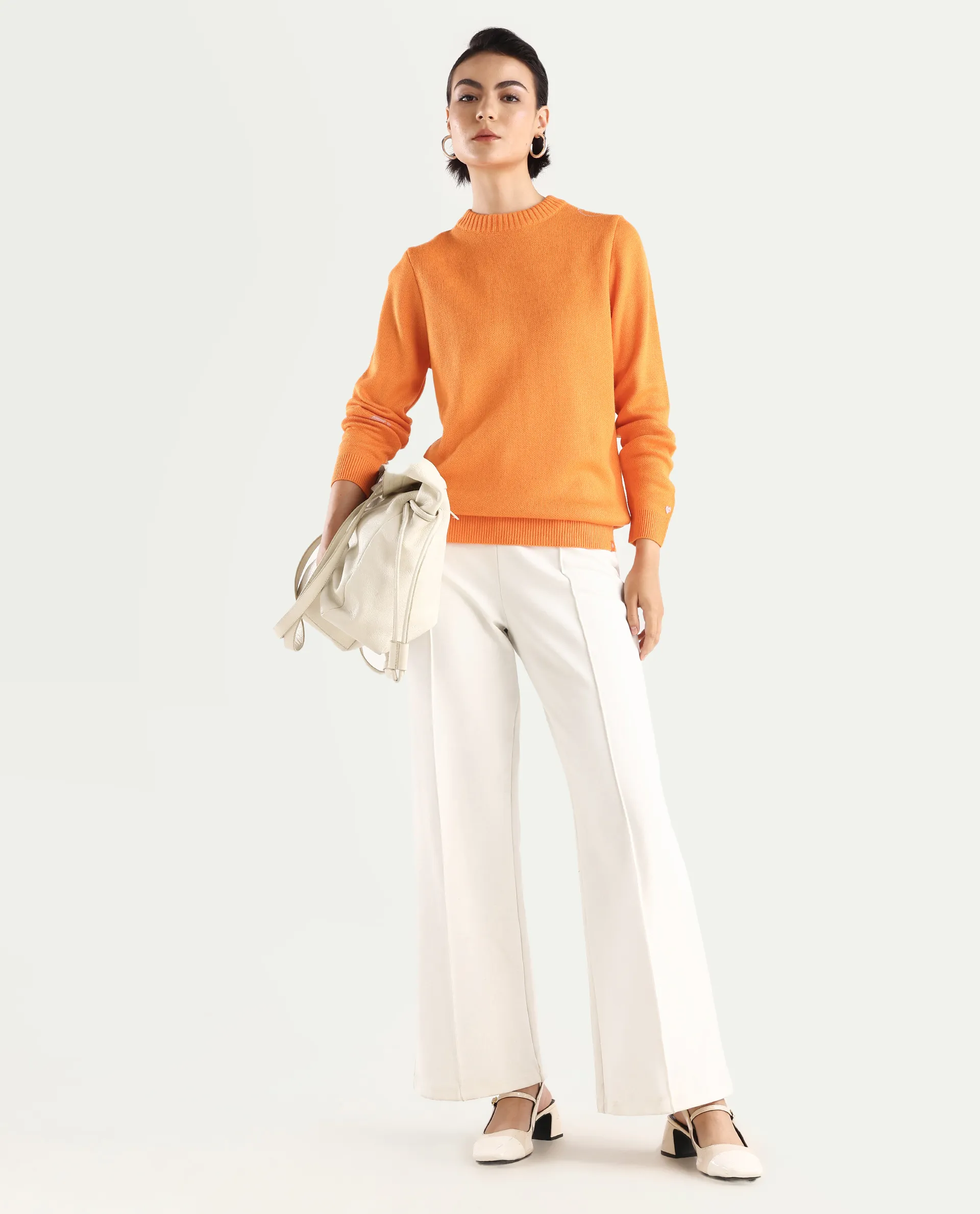 Rareism Women's Ruto Orange Acrylic Crew Neck Plain Relaxed Fit Sweater - Image 2