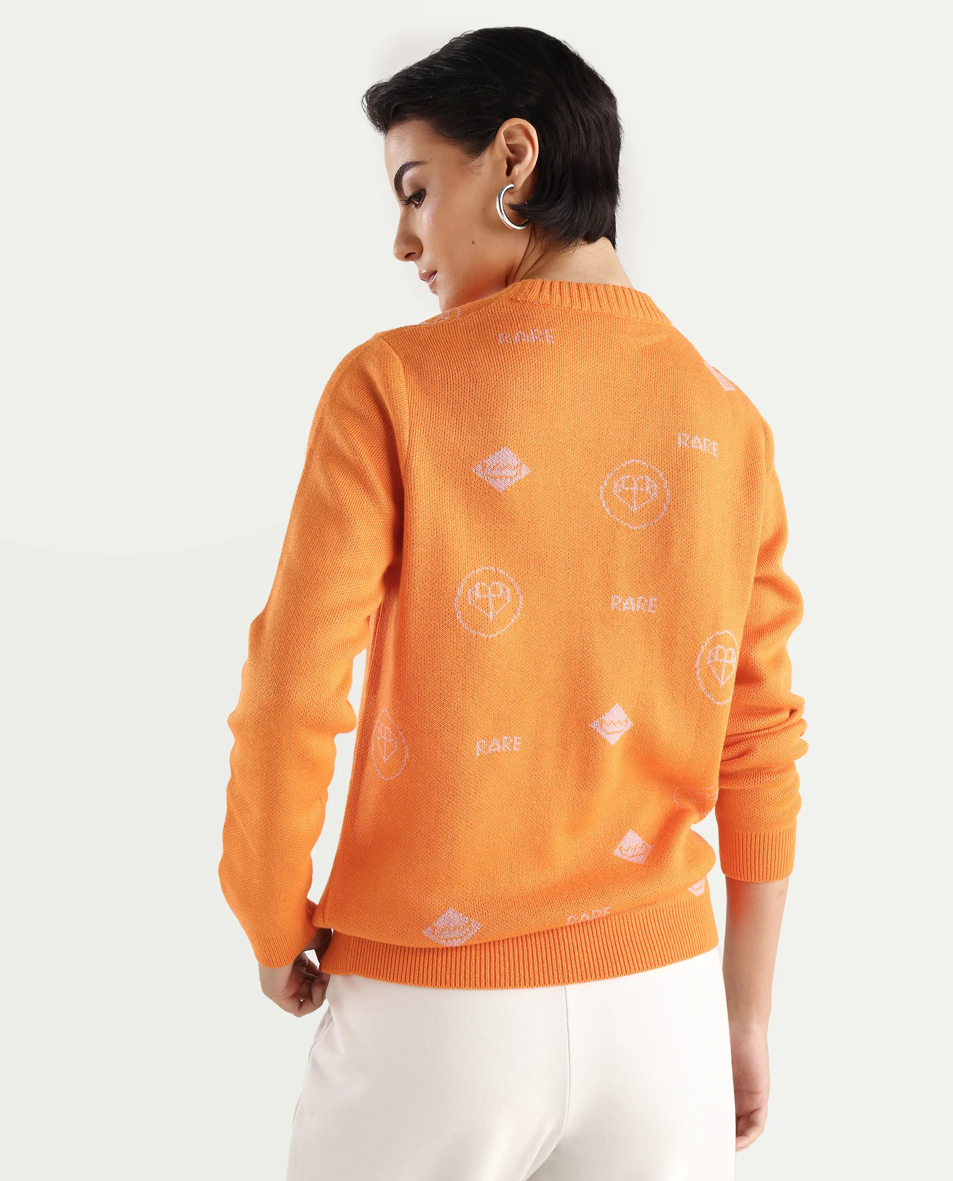 Rareism Women's Ruto Orange Acrylic Crew Neck Plain Relaxed Fit Sweater - Image 3