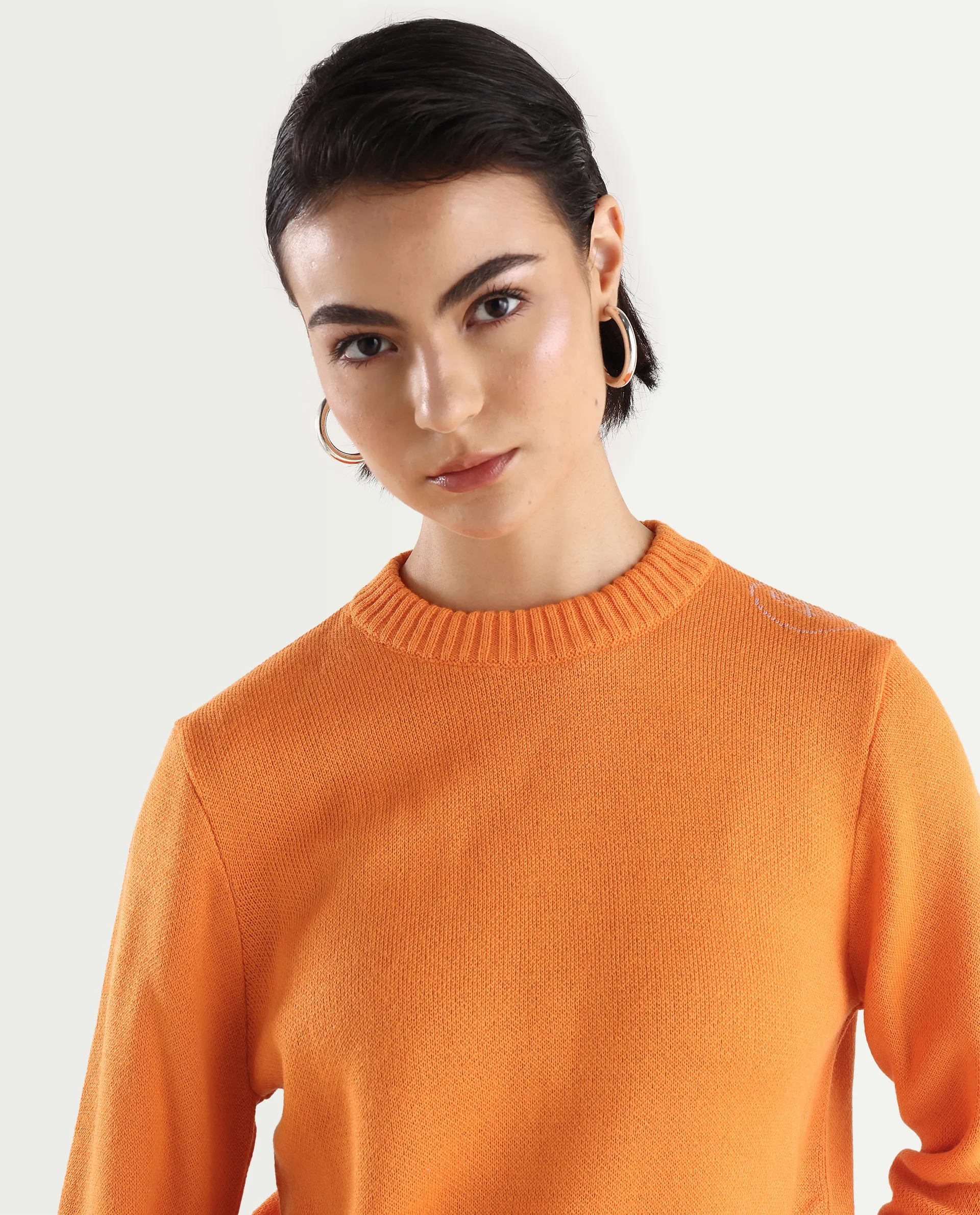 Rareism Women's Ruto Orange Acrylic Crew Neck Plain Relaxed Fit Sweater - Image 5
