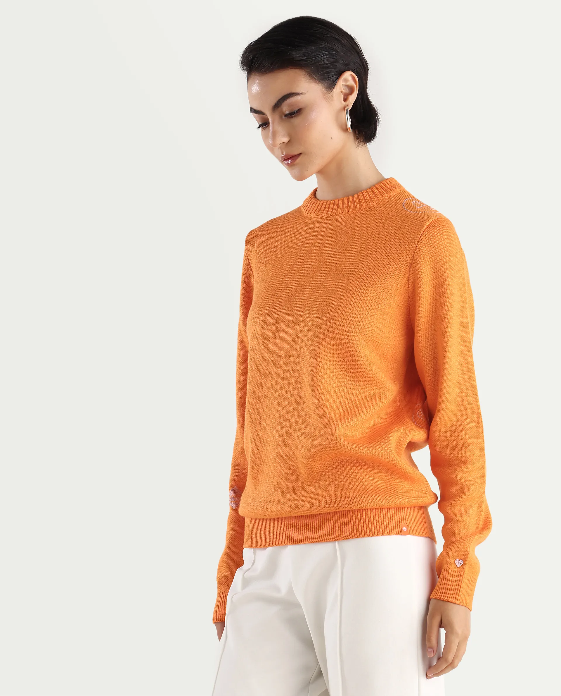 Rareism Women's Ruto Orange Acrylic Crew Neck Plain Relaxed Fit Sweater - Image 7