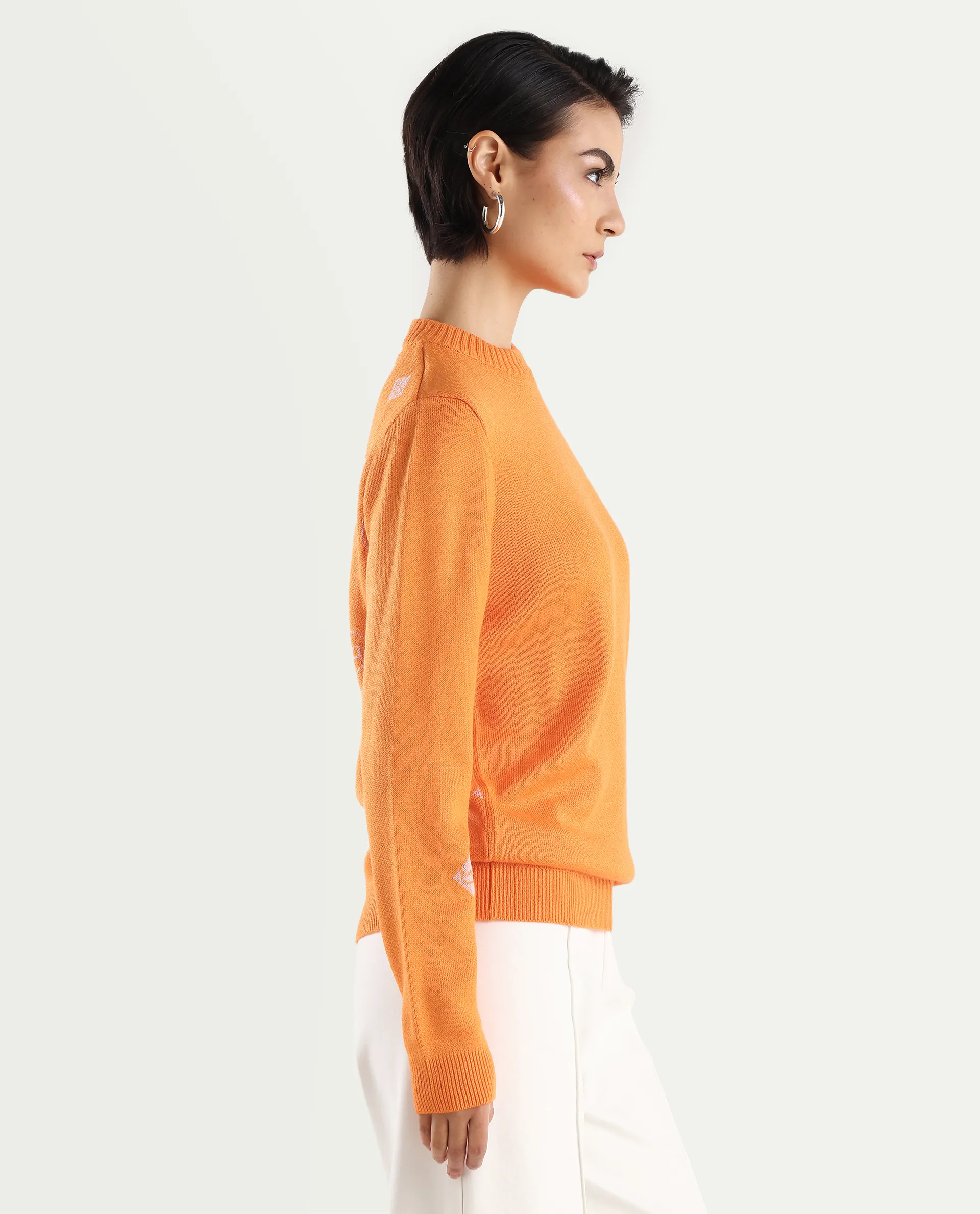 Rareism Women's Ruto Orange Acrylic Crew Neck Plain Relaxed Fit Sweater - Image 8