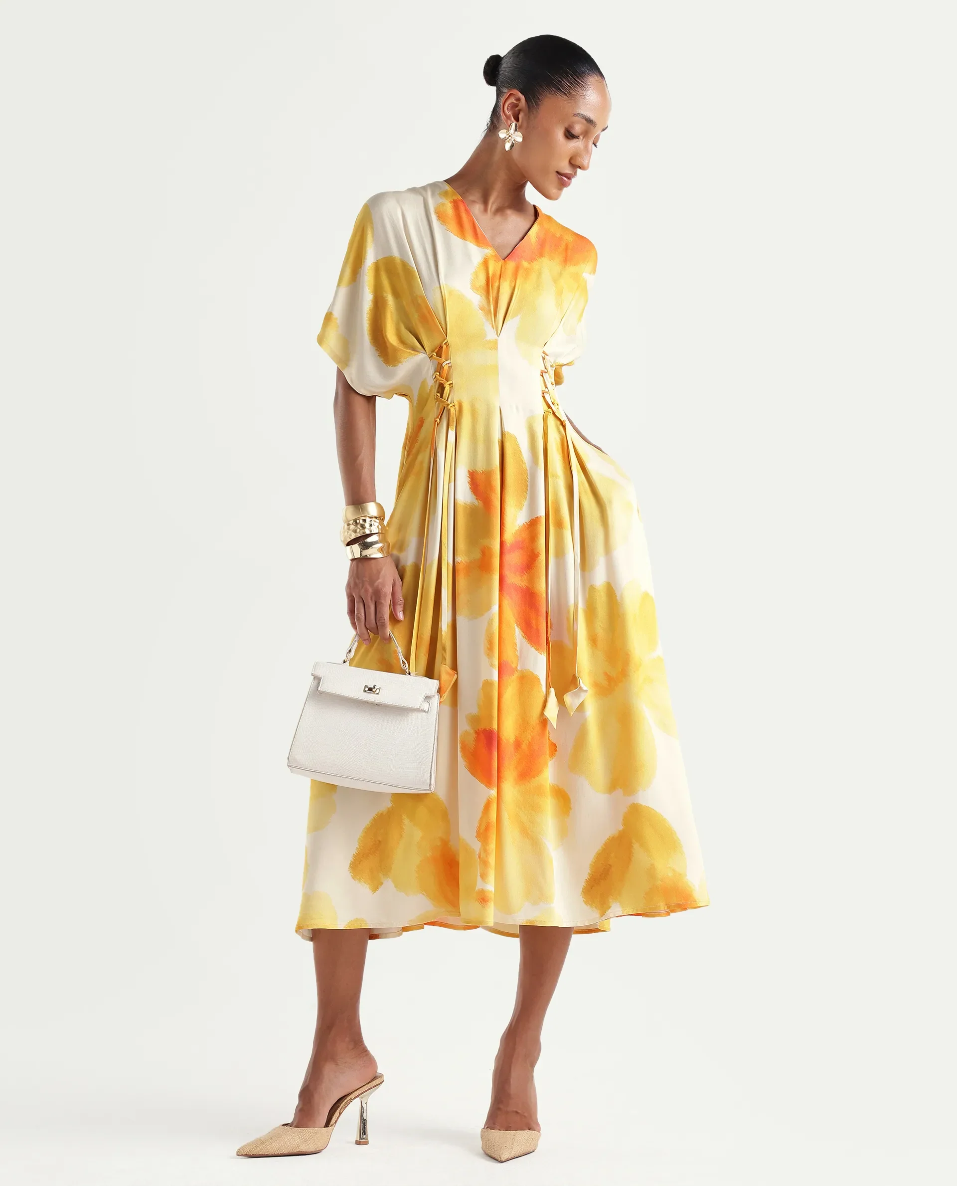 Rareism Women's Ruves Yellow Viscose V-Neck Fit And Flare Floral Print Dress - Image 2