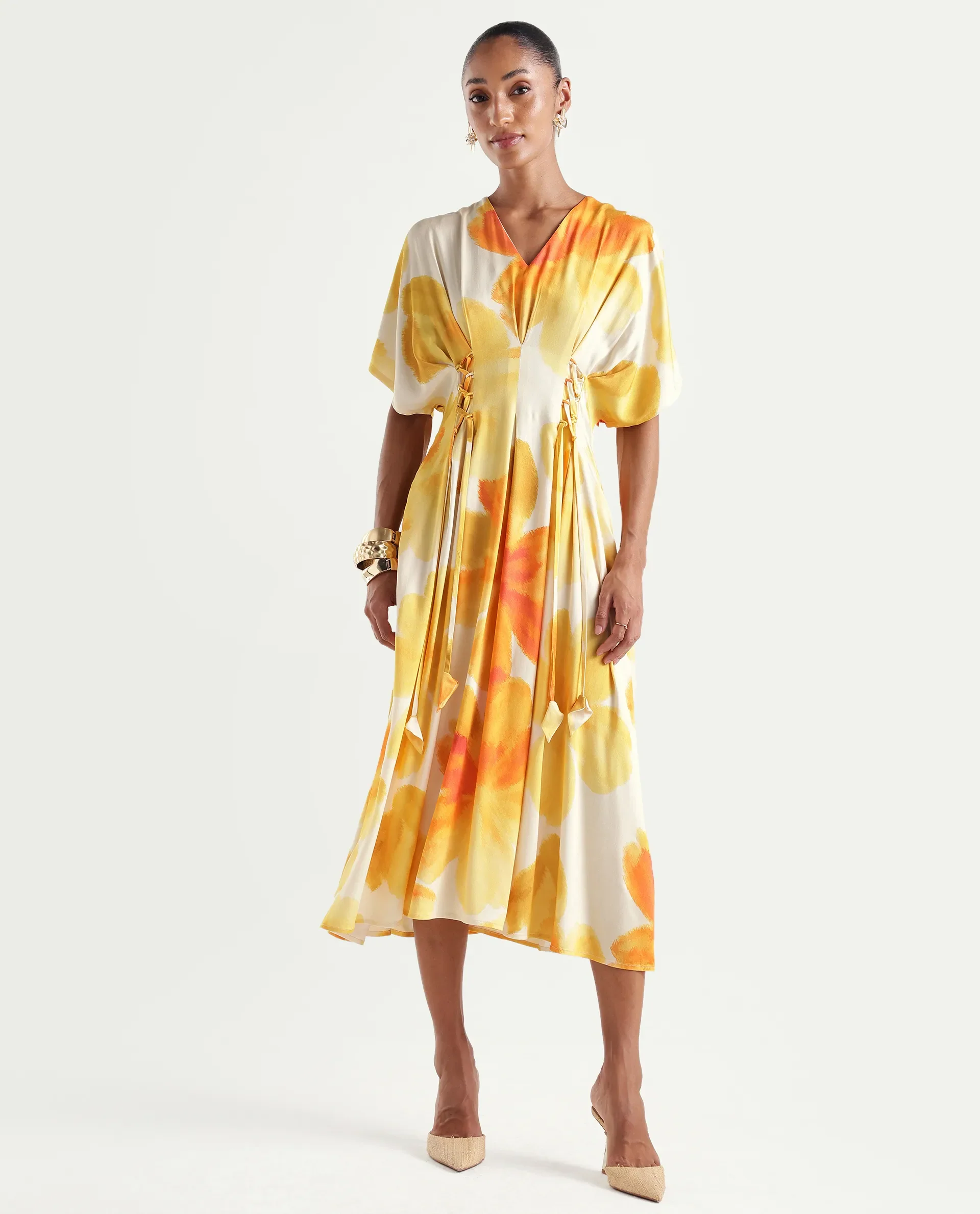 Rareism Women's Ruves Yellow Viscose V-Neck Fit And Flare Floral Print Dress - Image 3