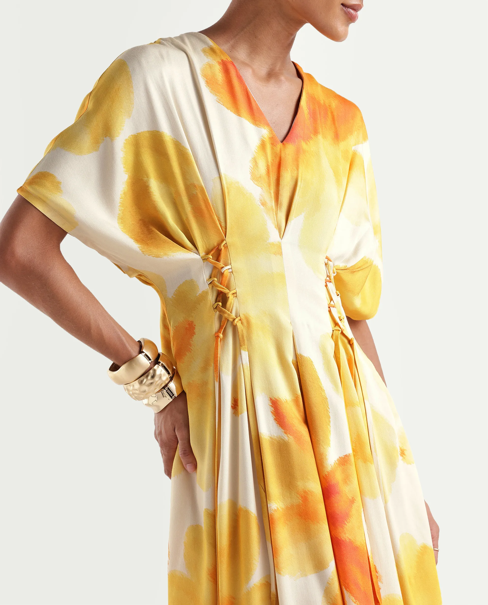 Rareism Women's Ruves Yellow Viscose V-Neck Fit And Flare Floral Print Dress - Image 4