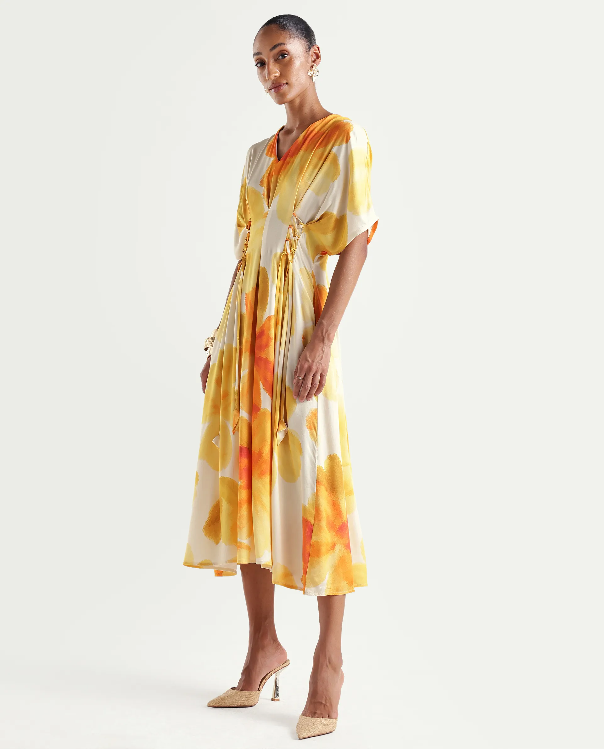Rareism Women's Ruves Yellow Viscose V-Neck Fit And Flare Floral Print Dress - Image 5