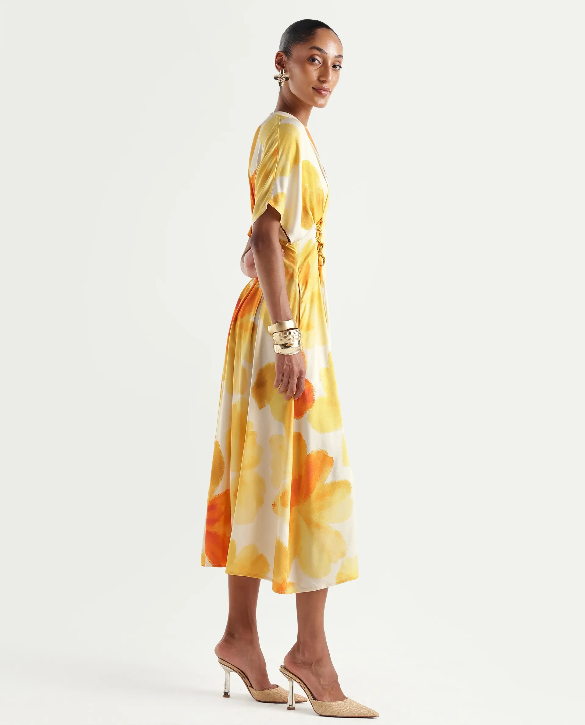 Rareism Women's Ruves Yellow Viscose V-Neck Fit And Flare Floral Print Dress - Image 6