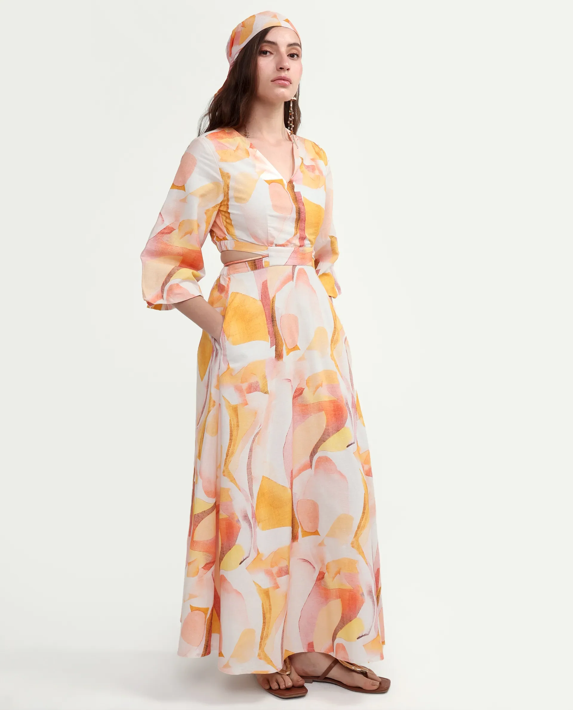Rareism Women's Ruvin Multi Viscose Blend V-Neck Flared Abstract Print Dress - Image 6