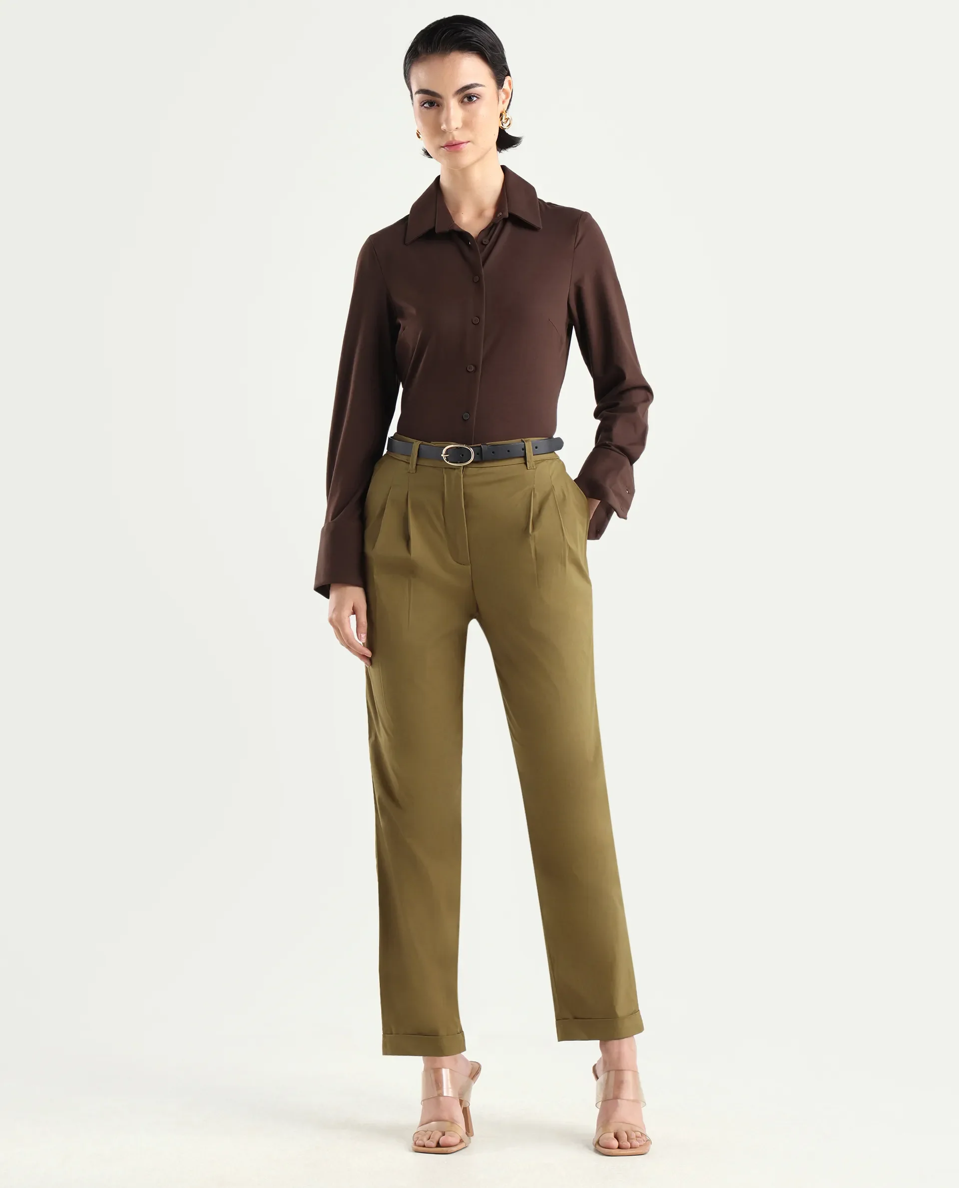 Rareism Women's Ruvz Olive Cotton Blend Plain Ankle Length Straight Fit Trouser