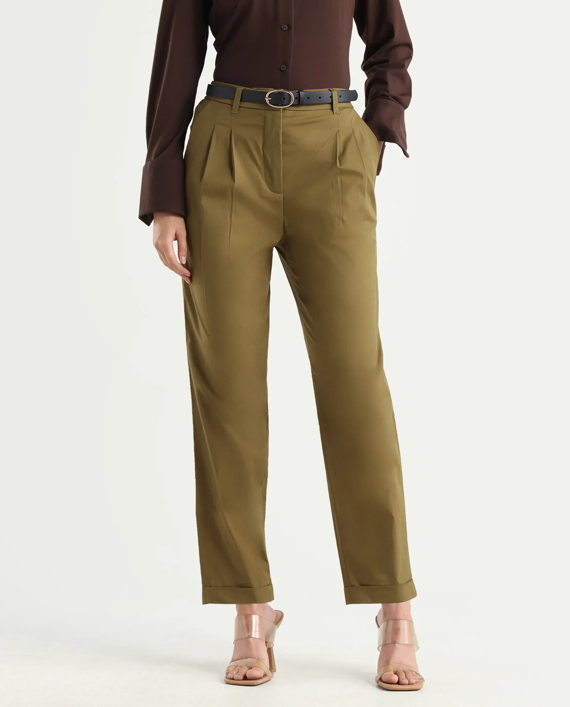 Rareism Women's Ruvz Olive Cotton Blend Plain Ankle Length Straight Fit Trouser - Image 2
