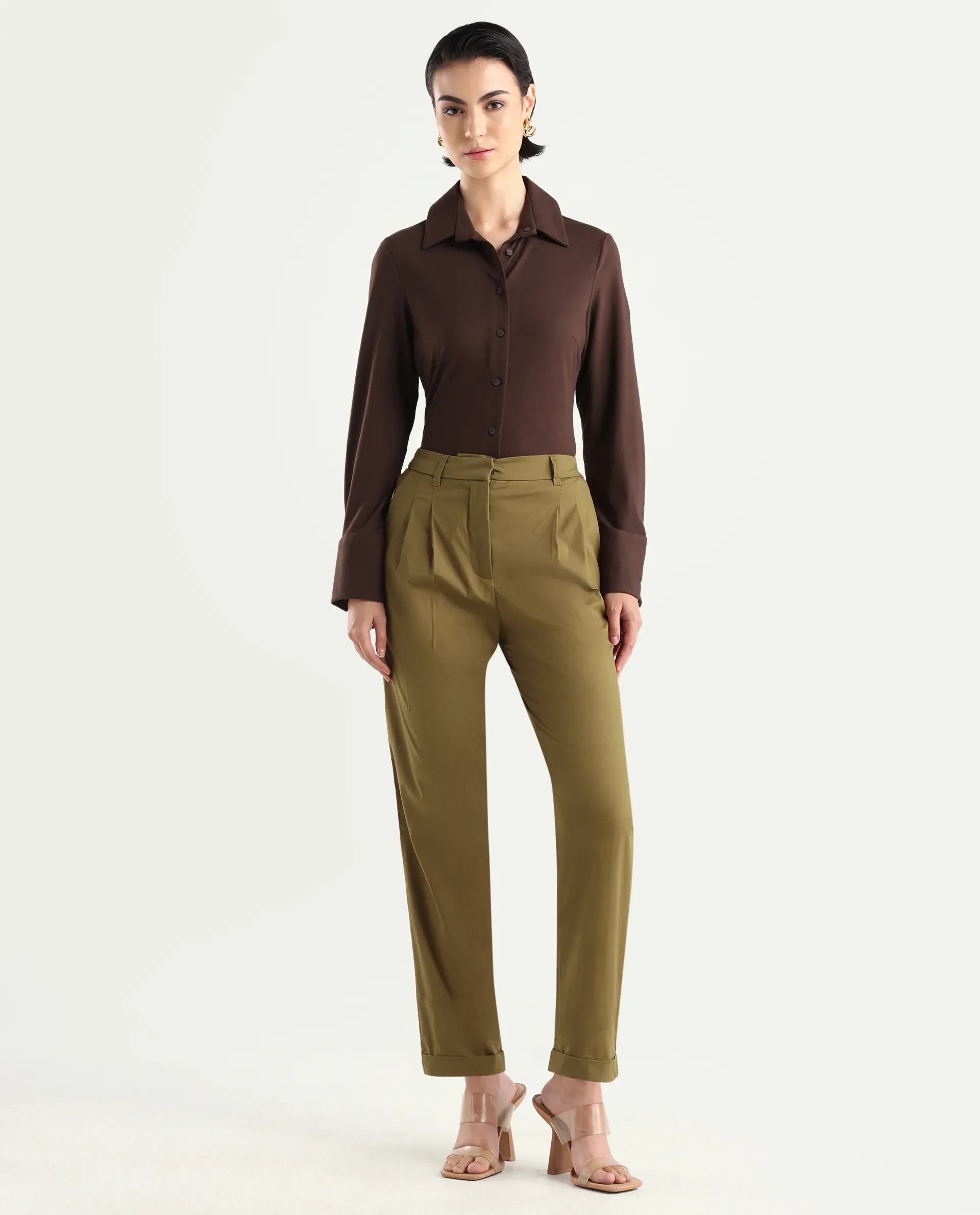 Rareism Women's Ruvz Olive Cotton Blend Plain Ankle Length Straight Fit Trouser - Image 3