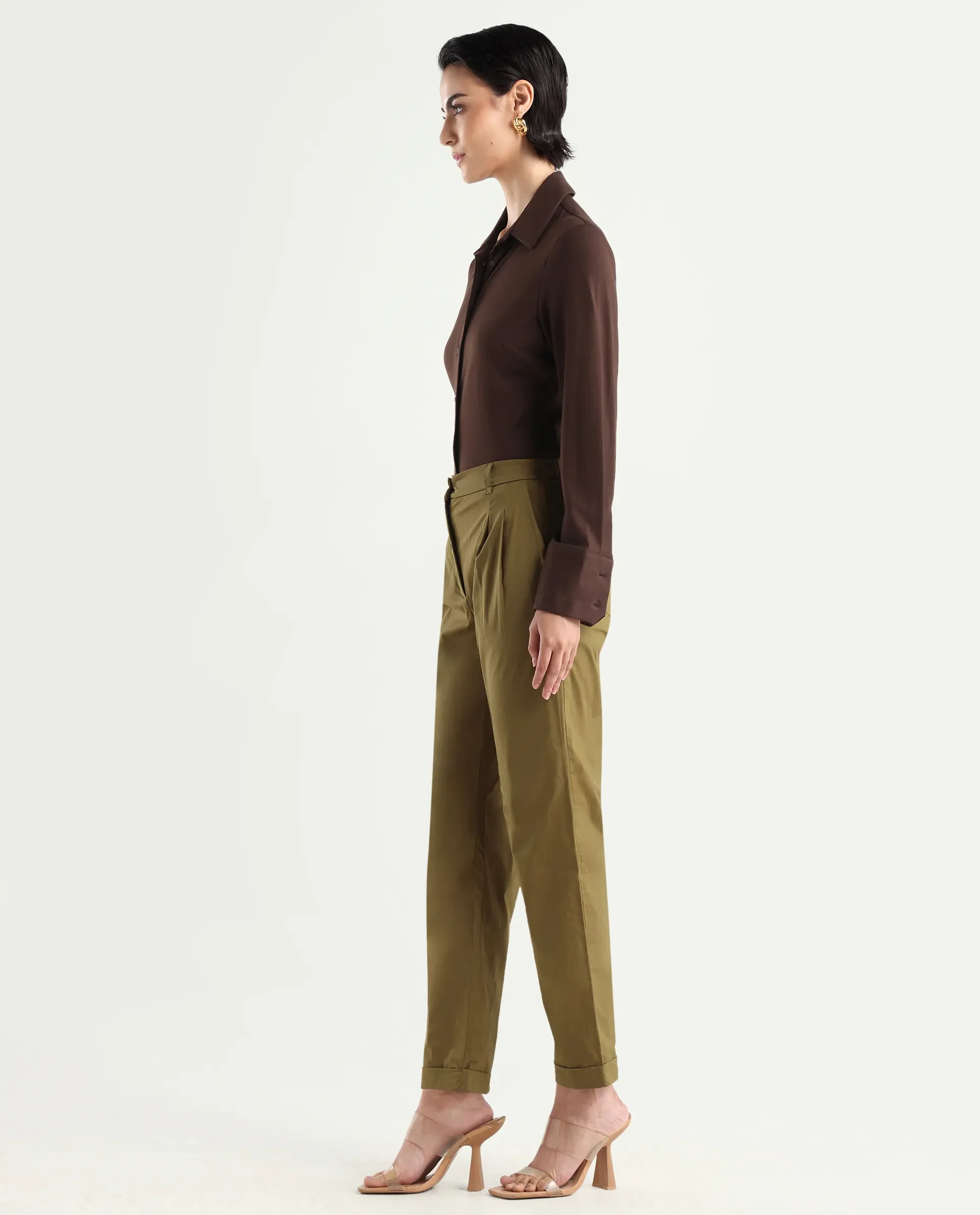 Rareism Women's Ruvz Olive Cotton Blend Plain Ankle Length Straight Fit Trouser - Image 5